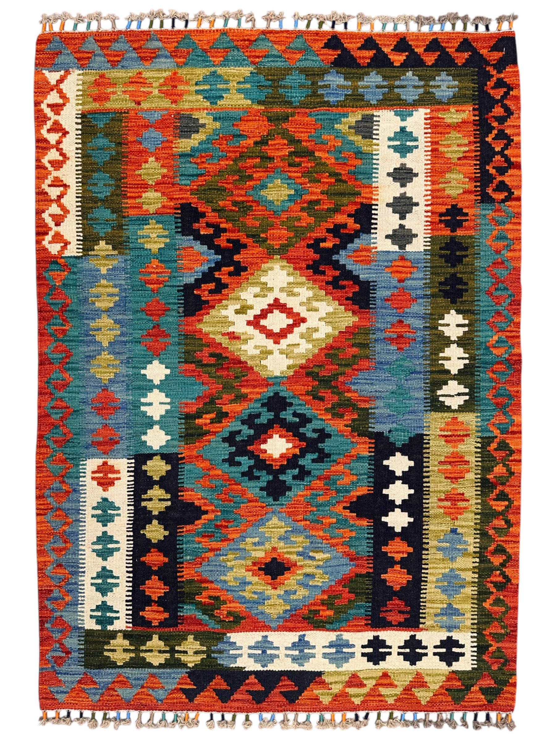 3'5" x 4'9" Handwoven Afghani Wool Kilim Rug – Colorful Geometric Tribal Flatweave with Rugistan Decorative Fringe – Reversible