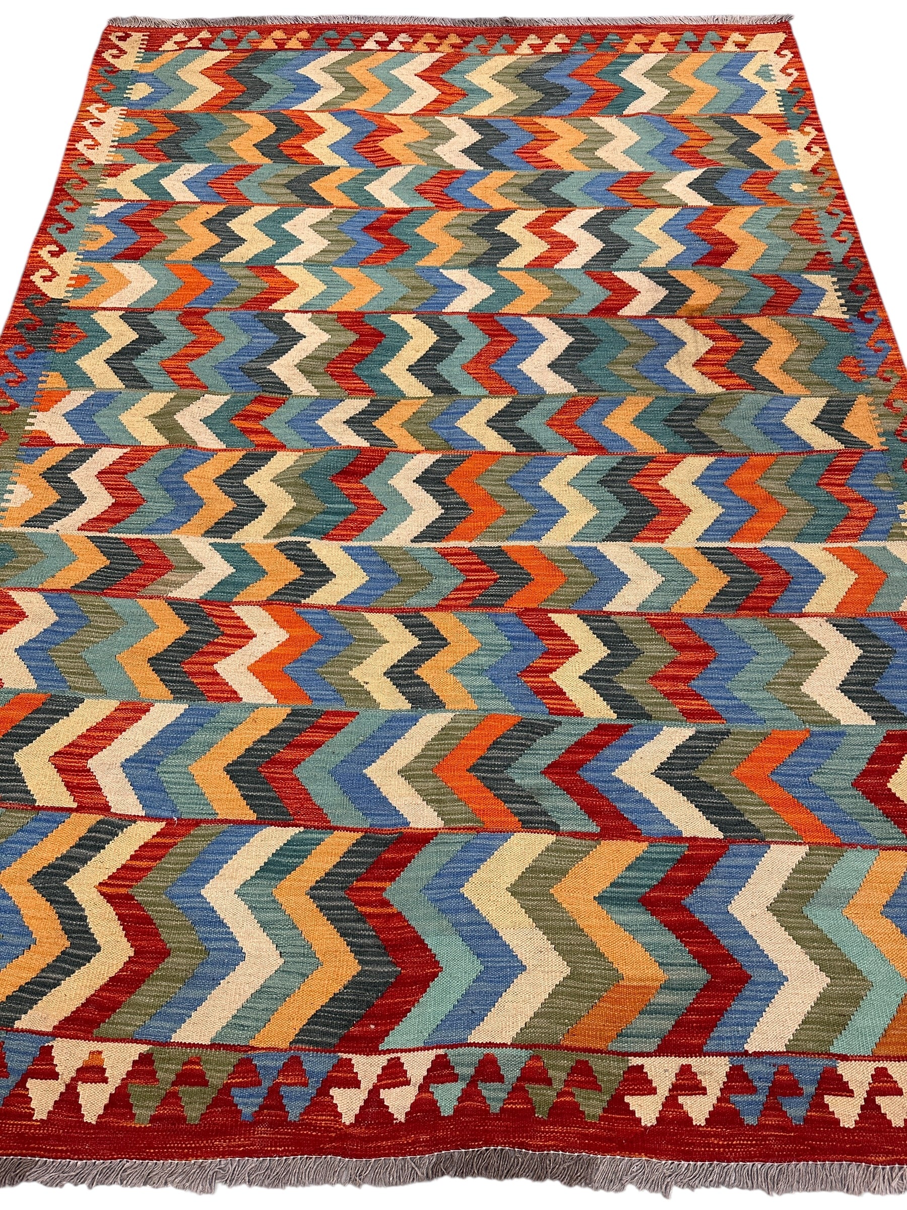 Hand-Woven Afghan Kilim Wool Rug – Colorful Zigzag Geometric Flatweave – 5'9" x 7'10" – New Tribal Bohemian Area Rug