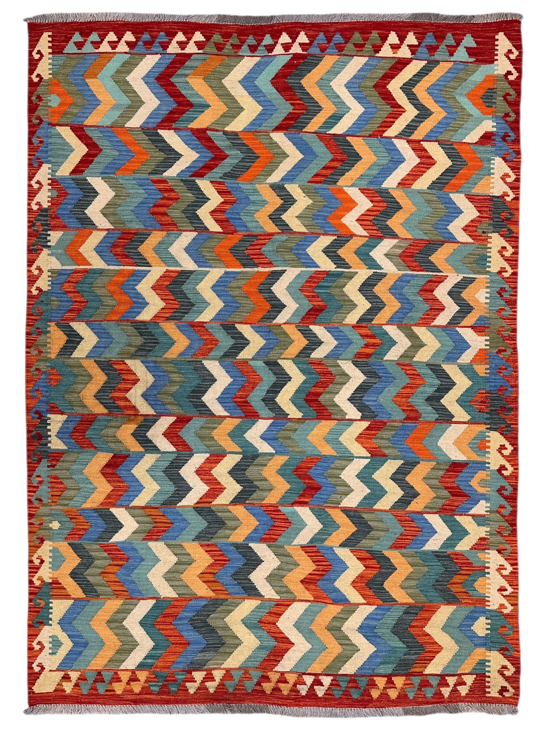 Hand-Woven Afghan Kilim Wool Rug – Colorful Zigzag Geometric Flatweave – 5'9" x 7'10" – New Tribal Bohemian Area Rug