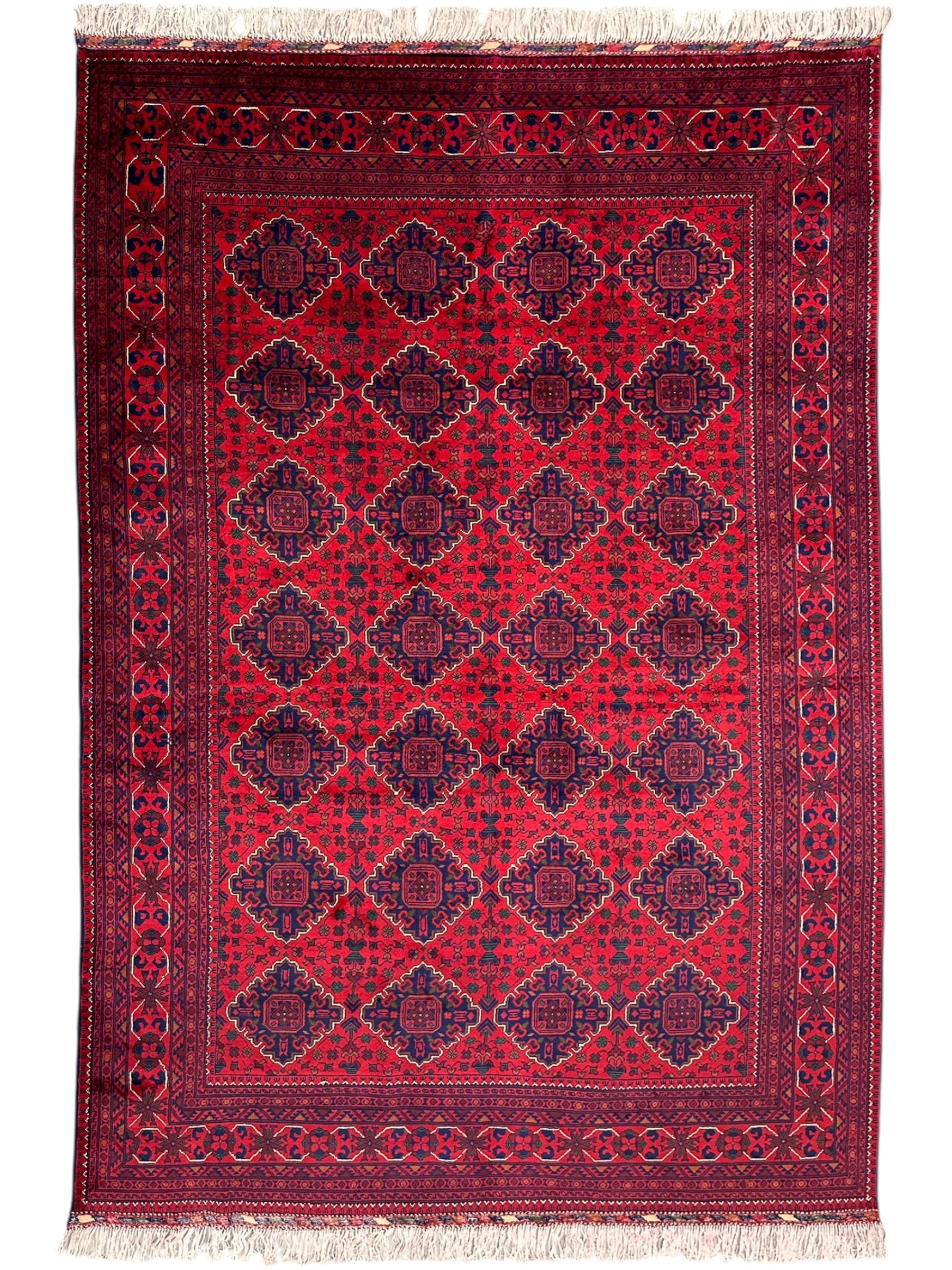 Hand-Knotted Afghani Khamyab Wool Area Rug | Red & Blue | 6′8″ x 10′