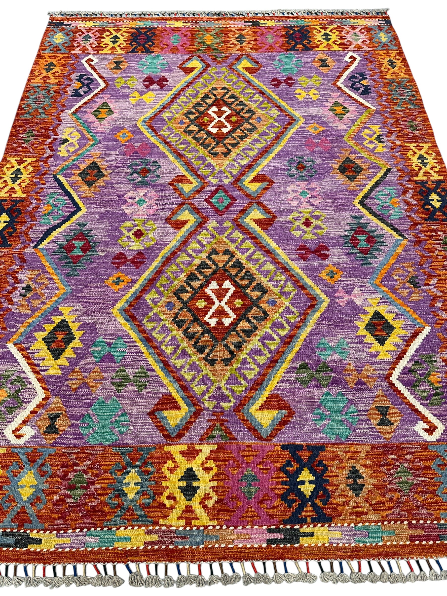 5'6" x 7'3" Handwoven Afghani Wool Kilim Rug – Colorful Tribal Geometric Flatweave with Decorative Bound Fringe – Reversible