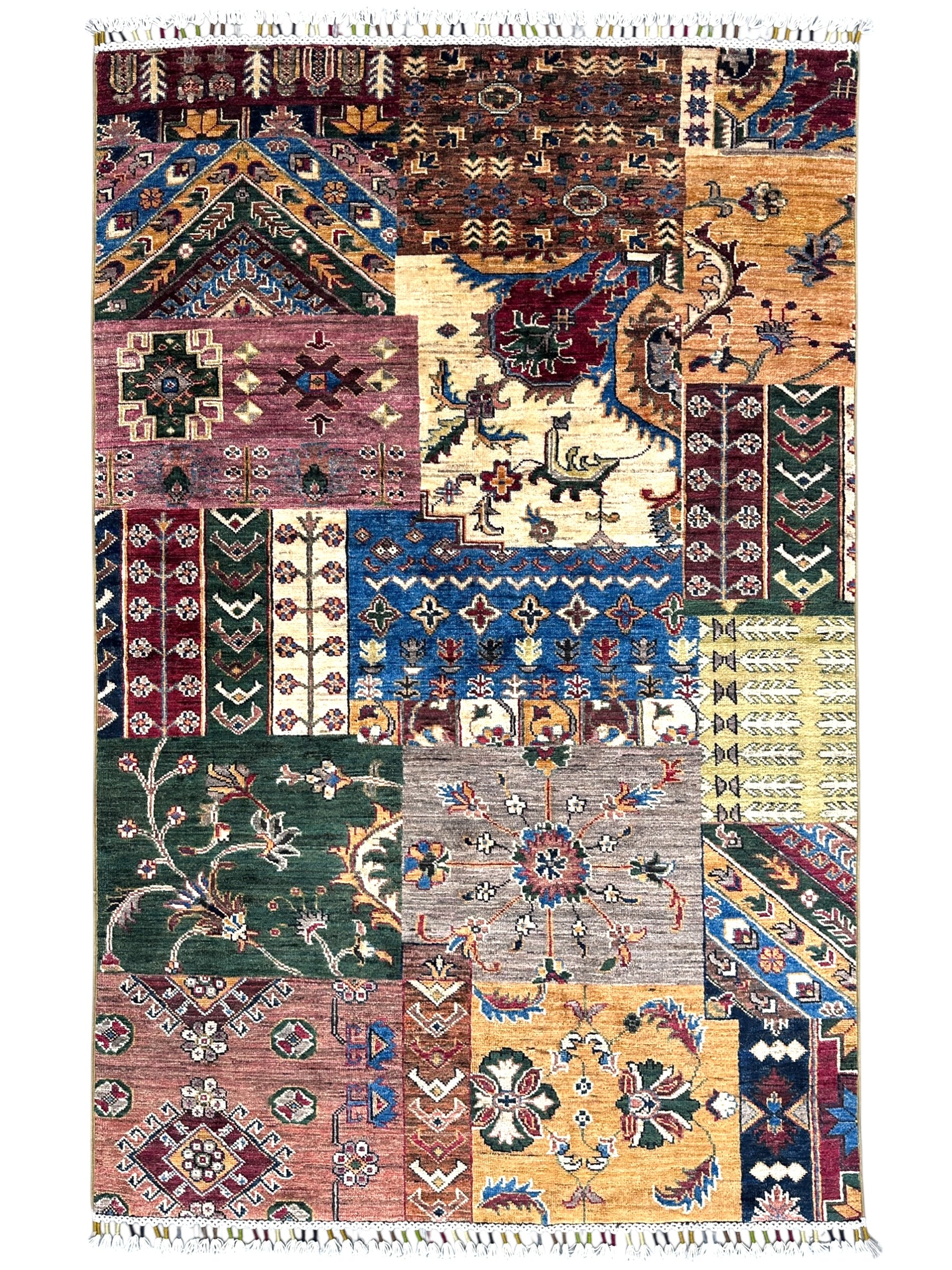 Hand-Knotted Afghani Chobi Ghazni Wool Rug | Patchwork Design | 4′ x 6′
