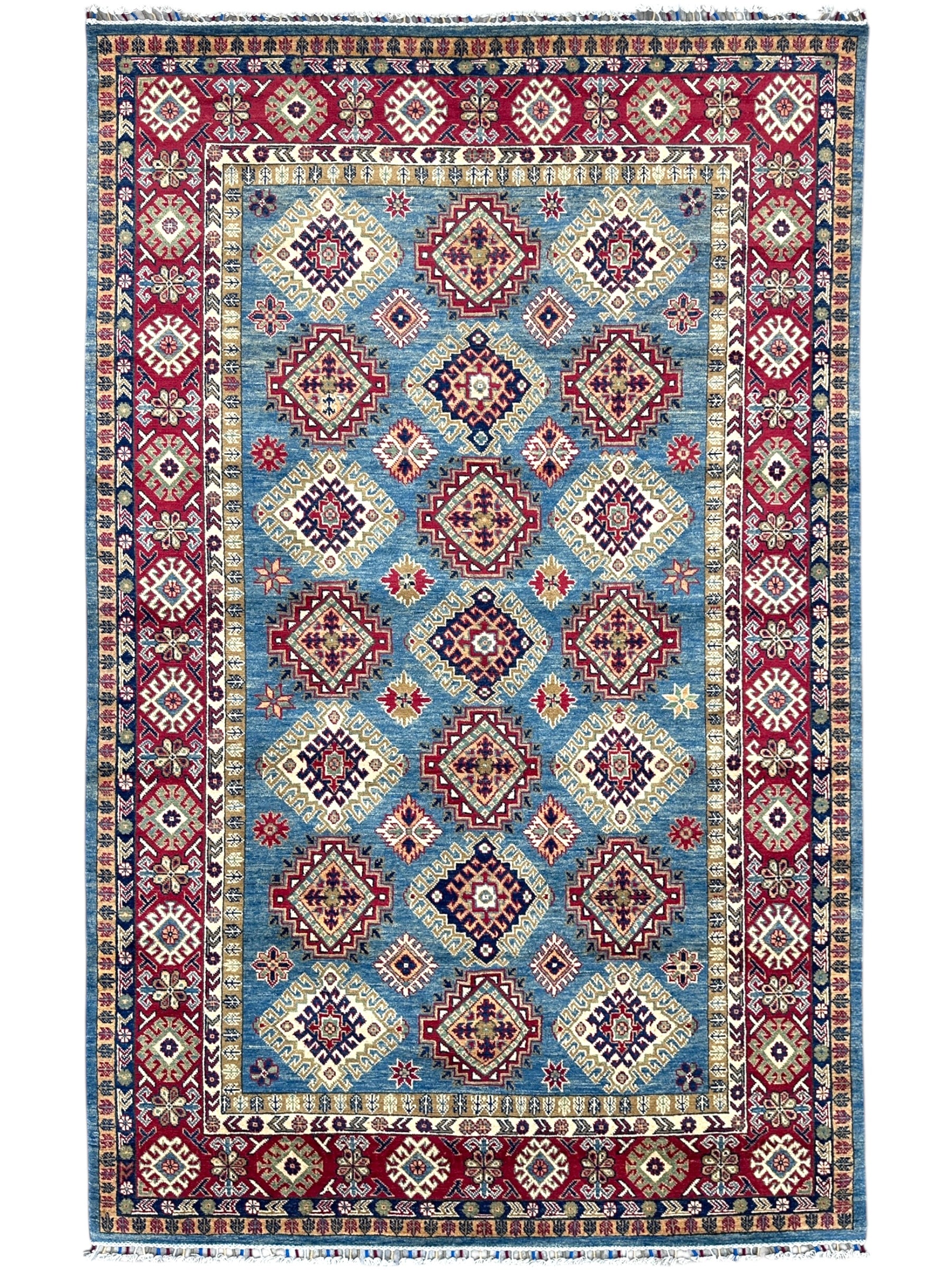 Hand-Knotted Afghani Kazak Wool Rug | Geometric Design | 6′5″ x 10′