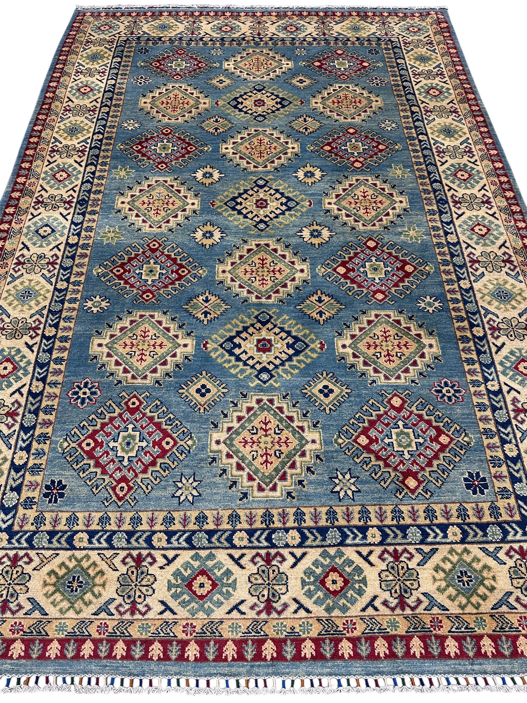 Hand-Knotted Afghani Kazak Wool Rug | Geometric Design | 7′ x 10′