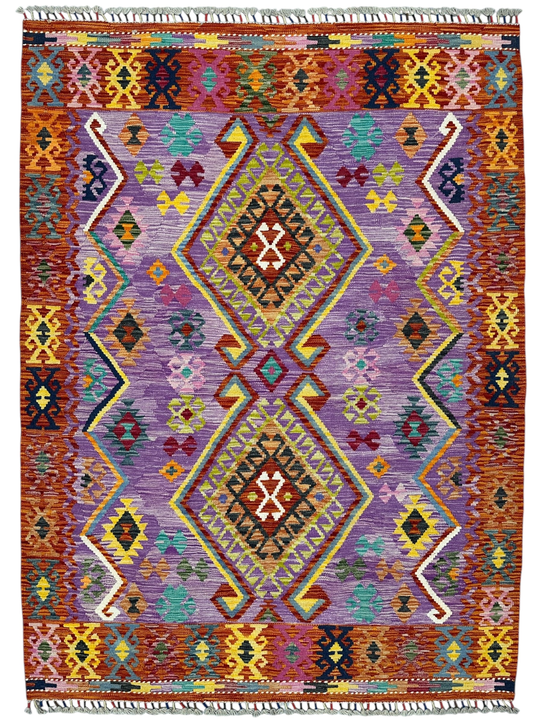 5'6" x 7'3" Handwoven Afghani Wool Kilim Rug – Colorful Tribal Geometric Flatweave with Decorative Bound Fringe – Reversible
