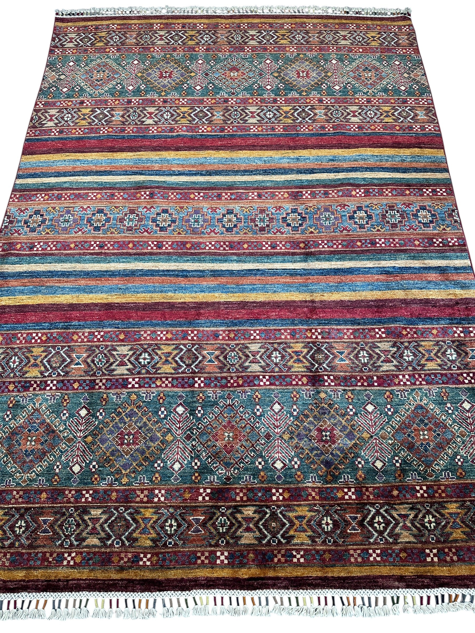 Hand-Knotted Afghani Chobi Khorjin Ghazni Wool Rug | Tribal | 5′ x 7′