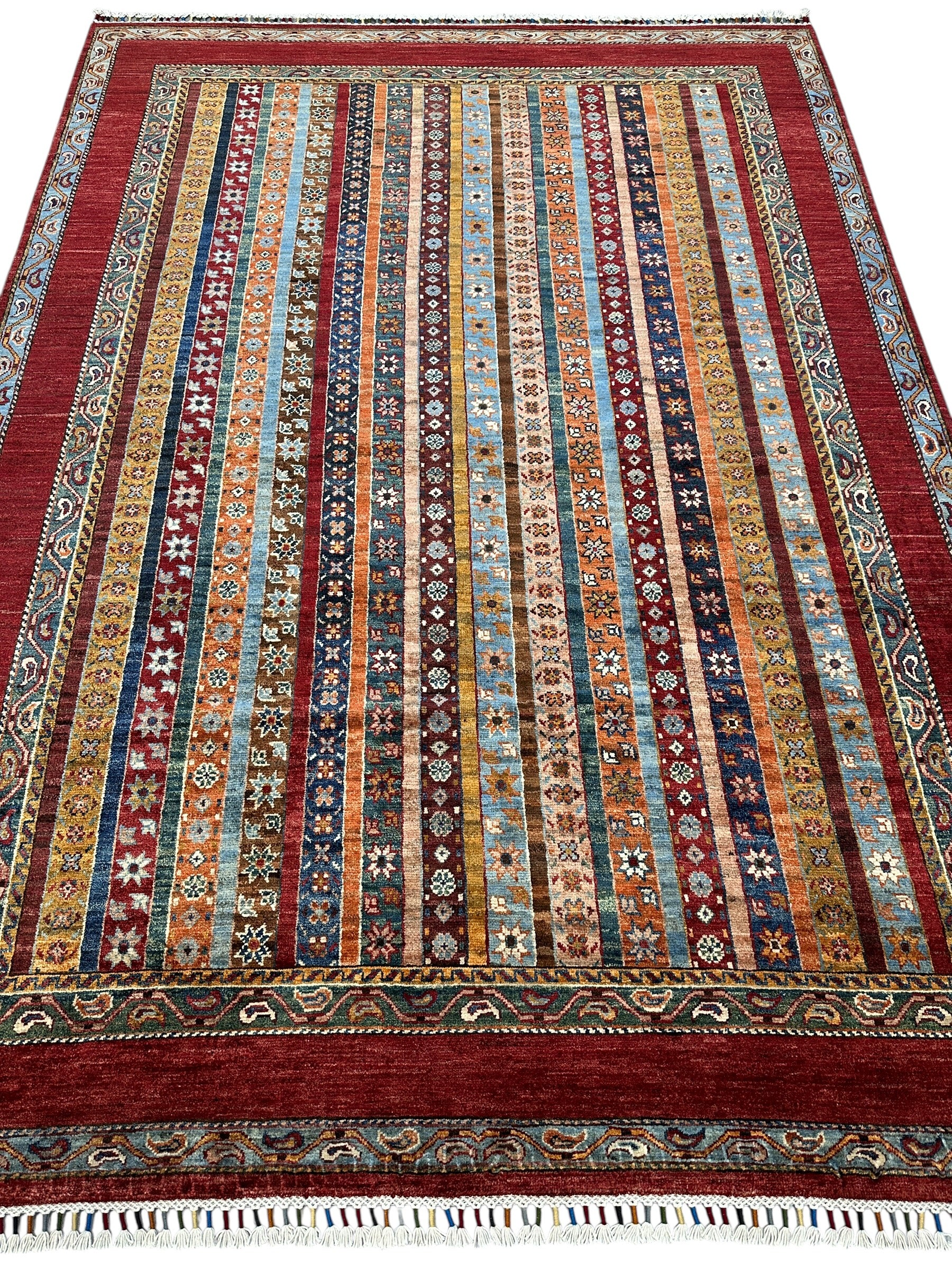 Hand-Knotted Afghani Chobi Ghazni Wool Rug | Striped Khorjin Design | 6′ x 8′