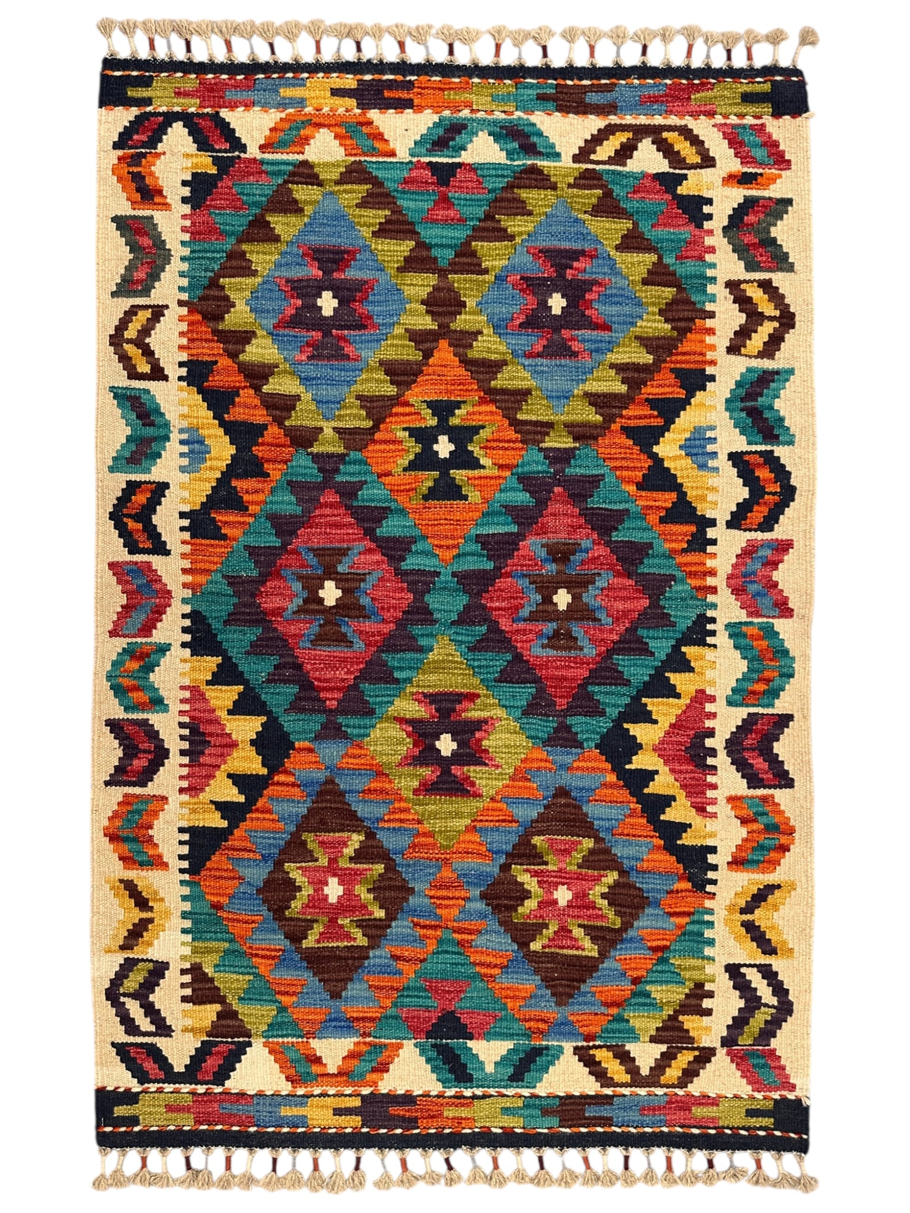 Hand-Woven Afghani Kilim Wool Rug 2'9" x 4'2" – Reversible Tribal Flatweave with Decorative Bound Fringe