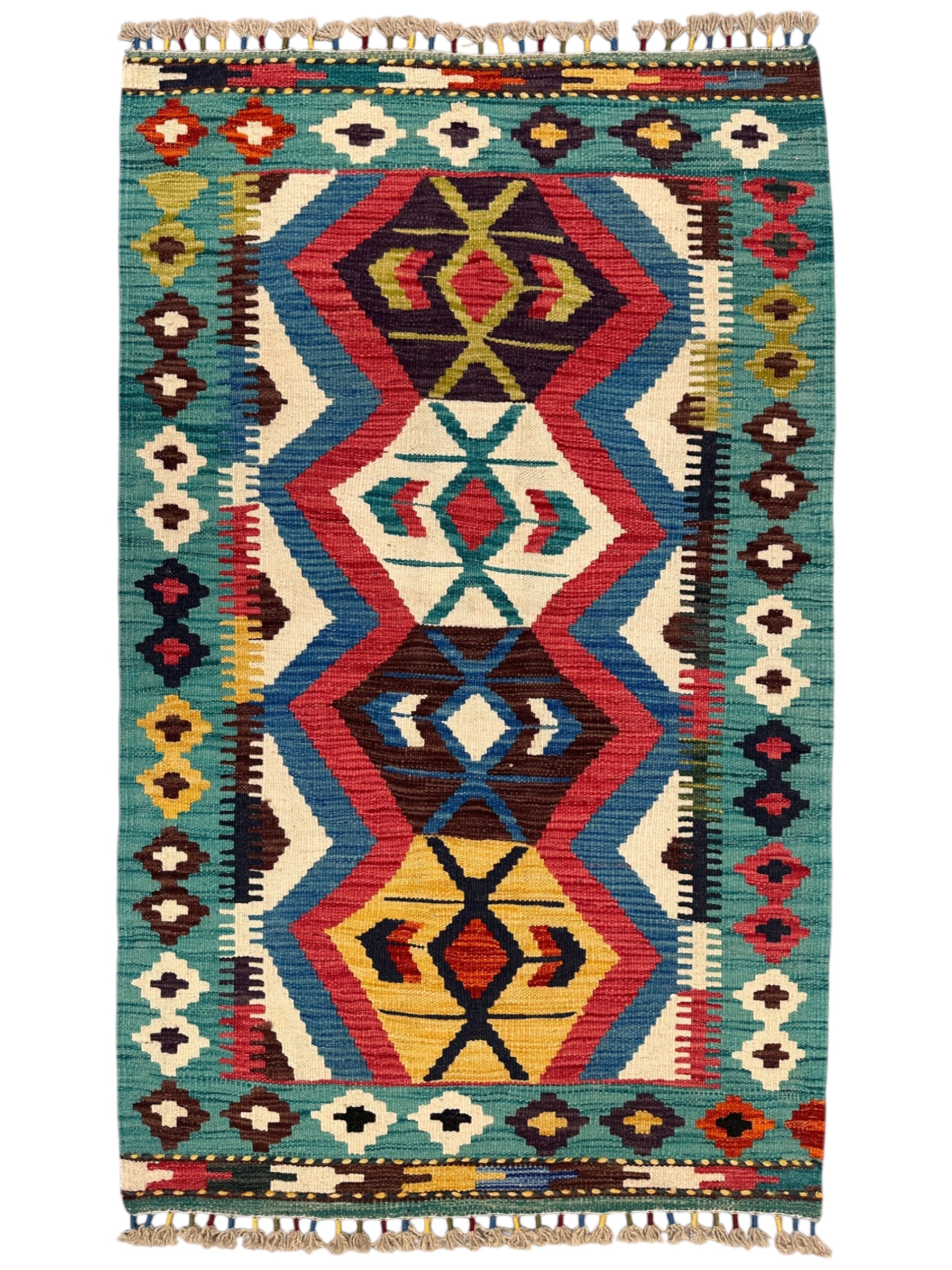 Hand-Woven Afghani Kilim Wool Rug 2'9" x 4'6" – Reversible Flatweave with Decorative Bound Fringe