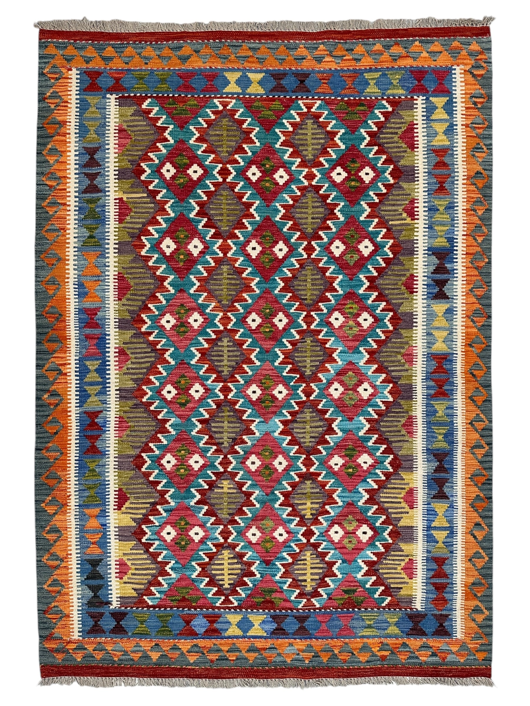 Handwoven Wool Kilim Rug 5'6" x 7'8" – Colorful Geometric Tribal Flatweave with Decorative Bound Fringe – Reversible