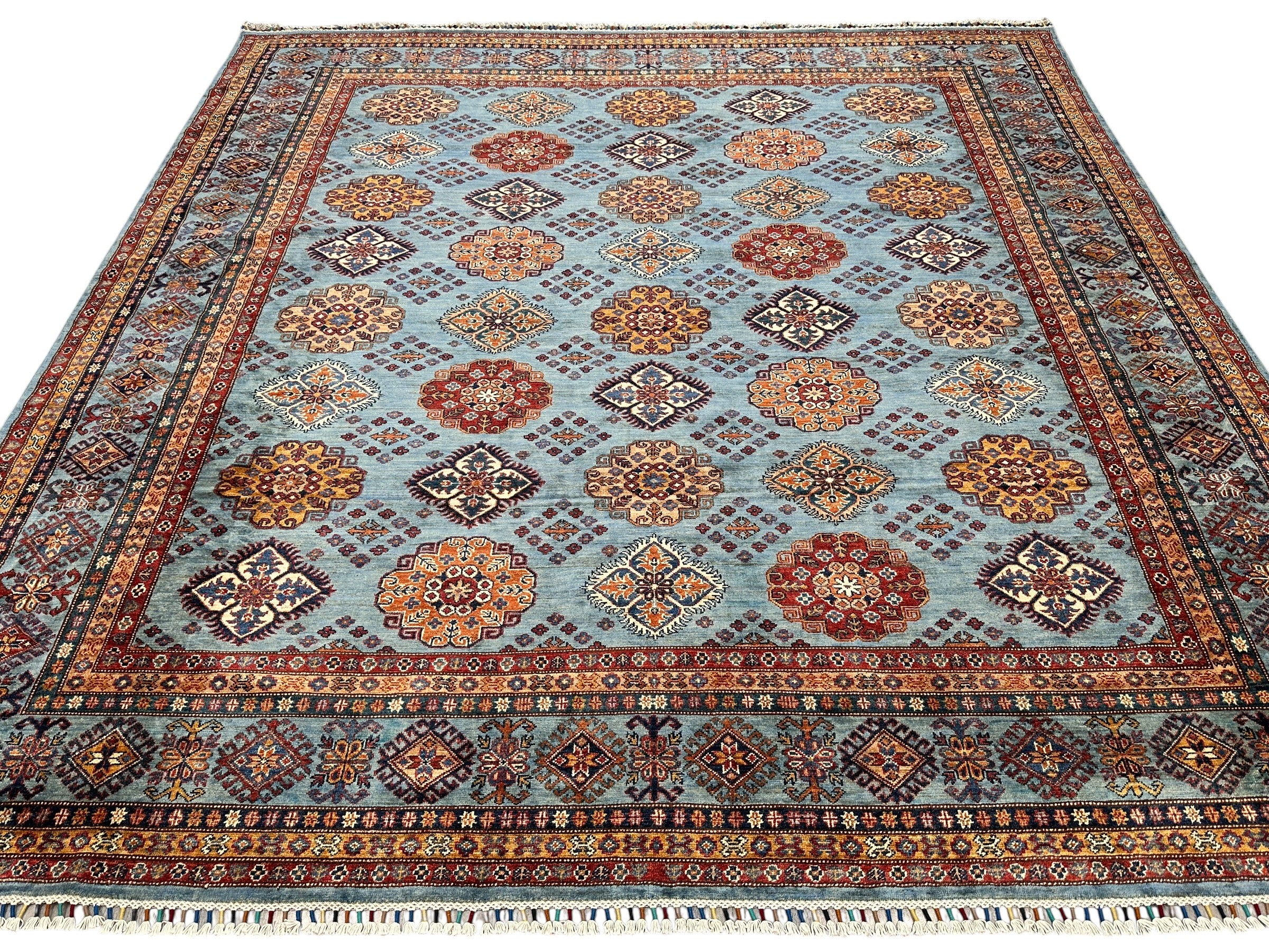 Hand-Knotted Afghani Super Kazak Wool Rug | Geometric Design | 10′ x 10′ Square