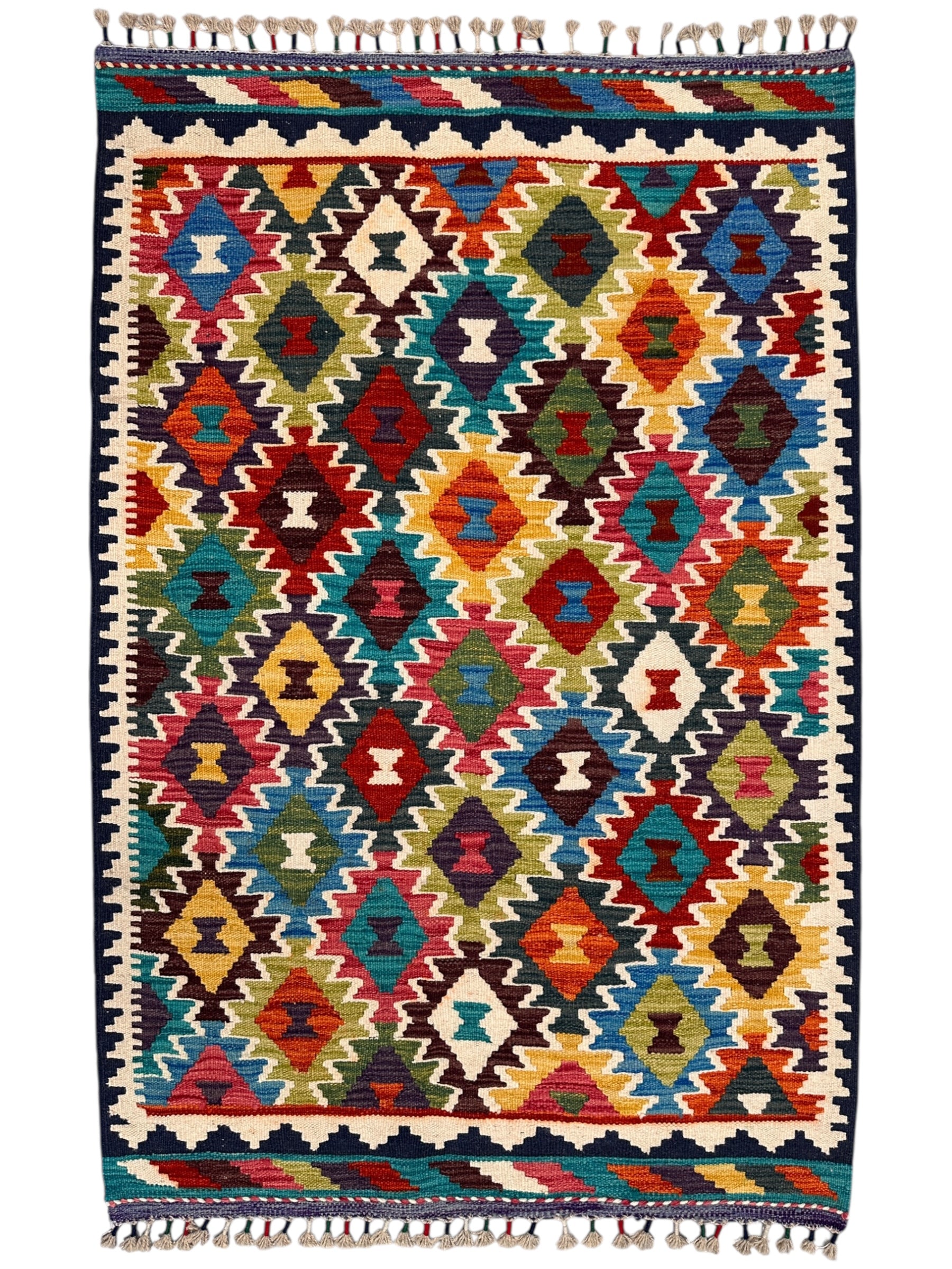 3'3" x 4'11" Handwoven Afghani Wool Kilim Rug – Colorful Tribal Geometric Flatweave with Decorative Bound Fringe – Reversible