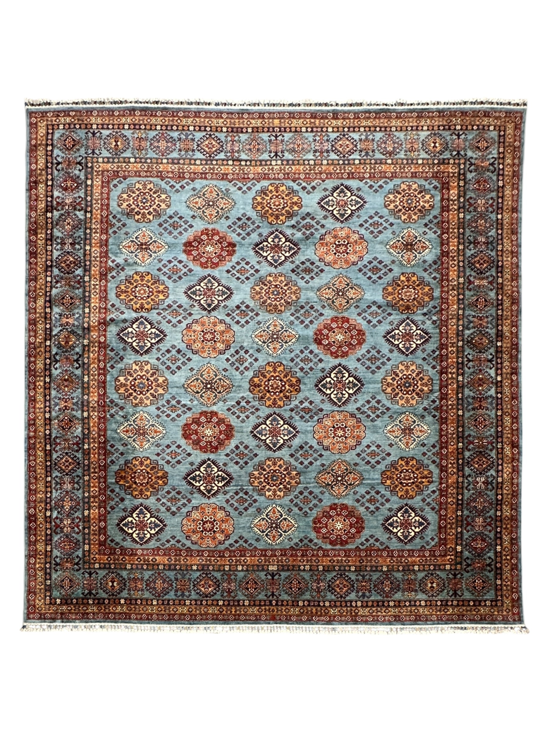 Hand-Knotted Afghani Super Kazak Wool Rug | Geometric Design | 10′ x 10′ Square