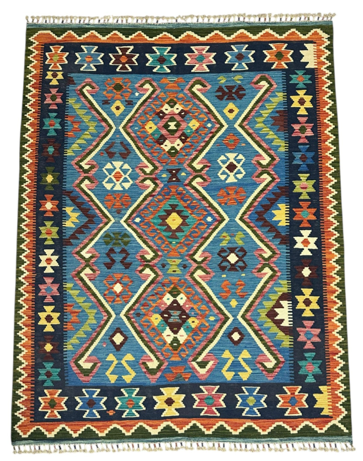 Hand-Woven Afghani Kilim Wool Rug 5'2" x 6'8"