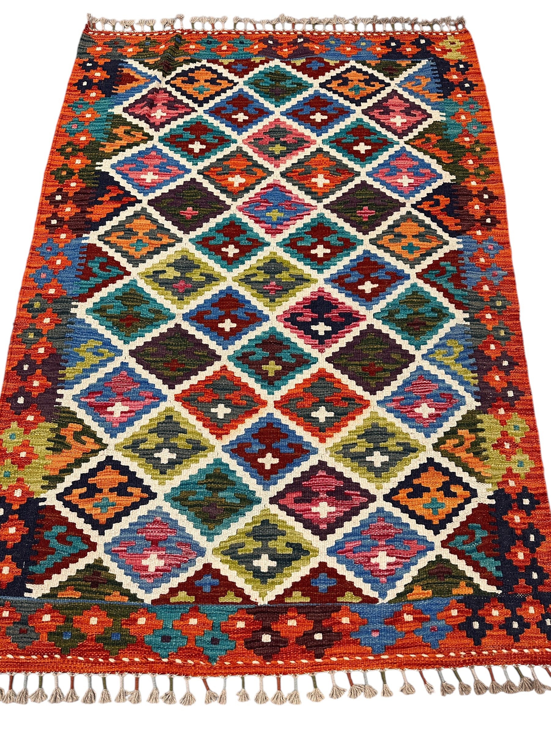 Handwoven Wool Kilim Rug 3'6" x 4'10" – Colorful Geometric Tribal Flatweave with Decorative Bound Fringe – Reversible