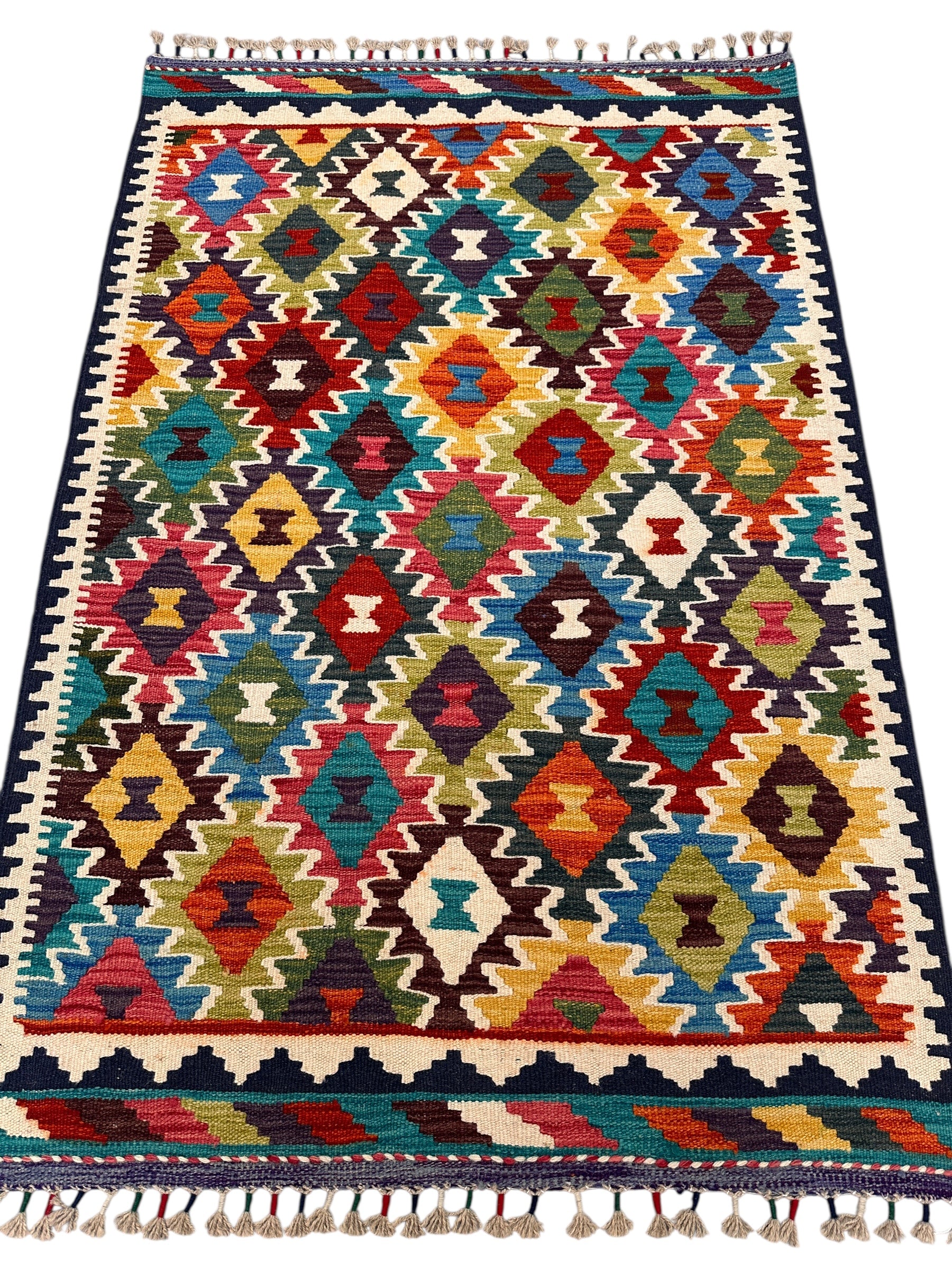 3'3" x 4'11" Handwoven Afghani Wool Kilim Rug – Colorful Tribal Geometric Flatweave with Decorative Bound Fringe – Reversible