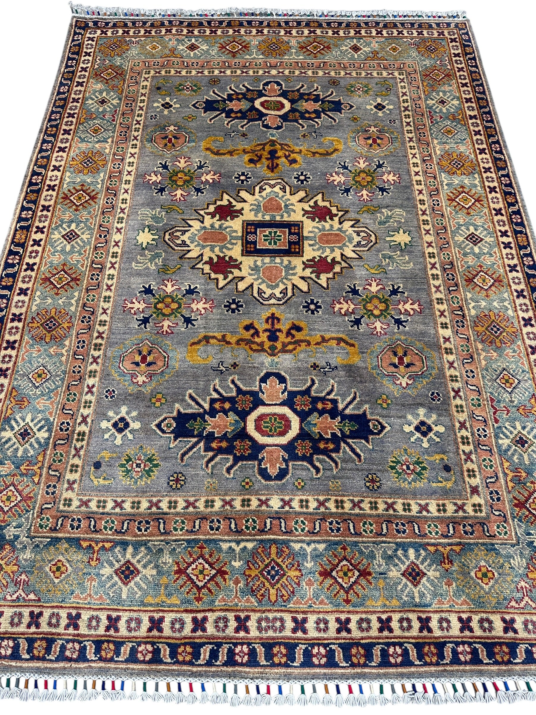 Hand-Knotted Afghani Kazak Wool Rug | Geometric Design | 5′6″ x 7′7″