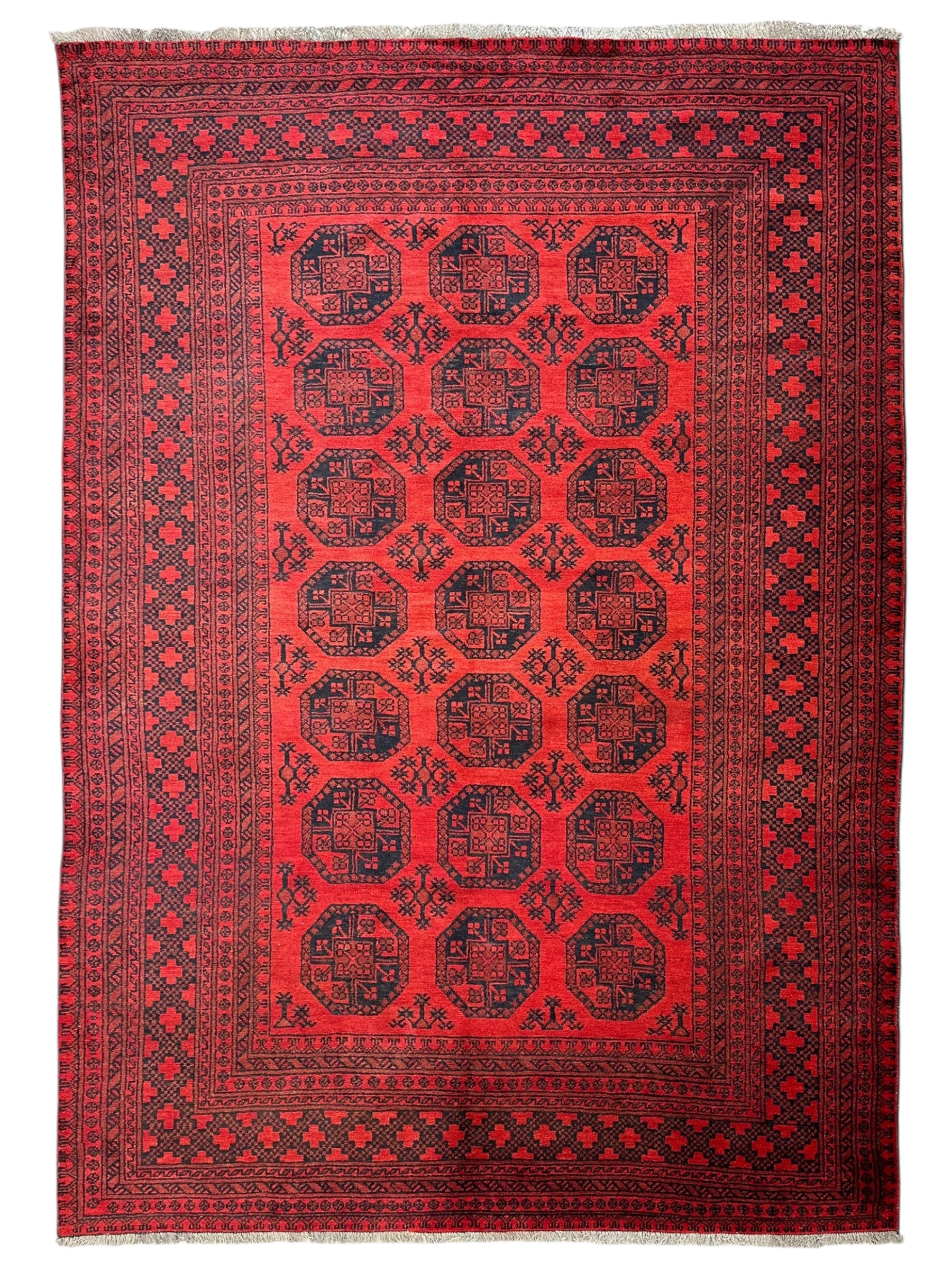 Hand-Knotted Afghani Fil pai Wool Rug Red,Dark Blue 6'5" x 9'1"