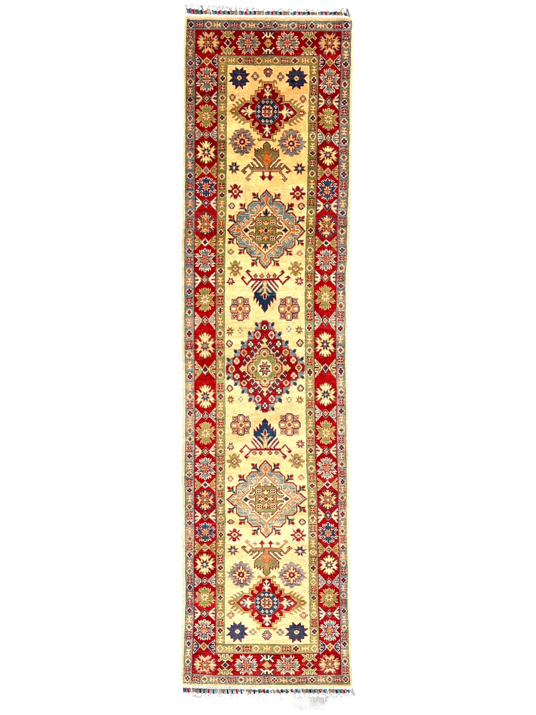 Hand-Knotted Afghan Kazak Wool Runner | Cream & Red Tribal | 2′7″ x 10′1″