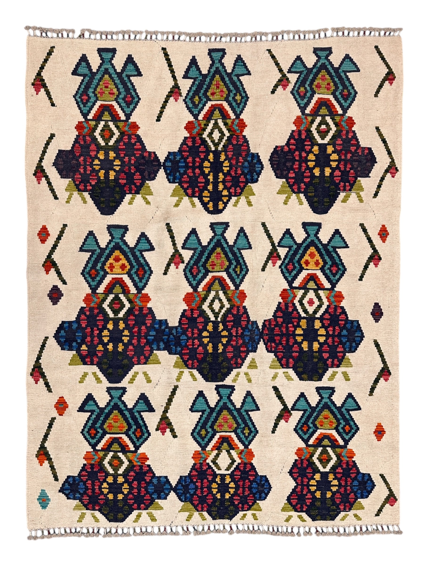 Hand-Woven Afghani Kilim Wool Rug – 5'7" x 7'1" – Traditional Flatweave, Reversible, Tribal Geometric Design