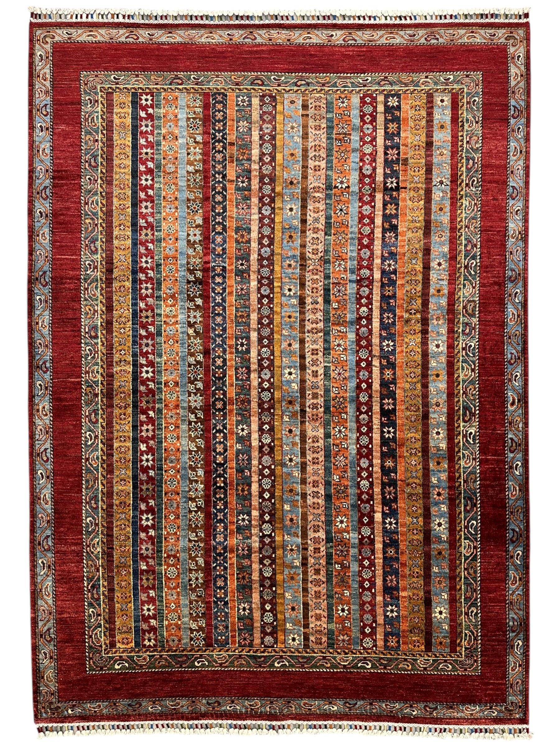 Hand-Knotted Afghani Chobi Ghazni Wool Rug | Striped Khorjin Design | 6′ x 8′