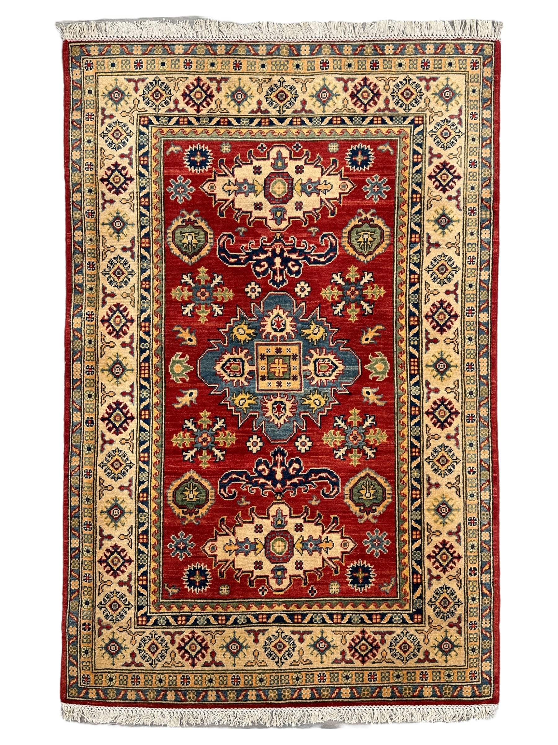 Hand-Knotted Afghan Kazak Wool Rug | Tribal Design | 4′ x 6′1″