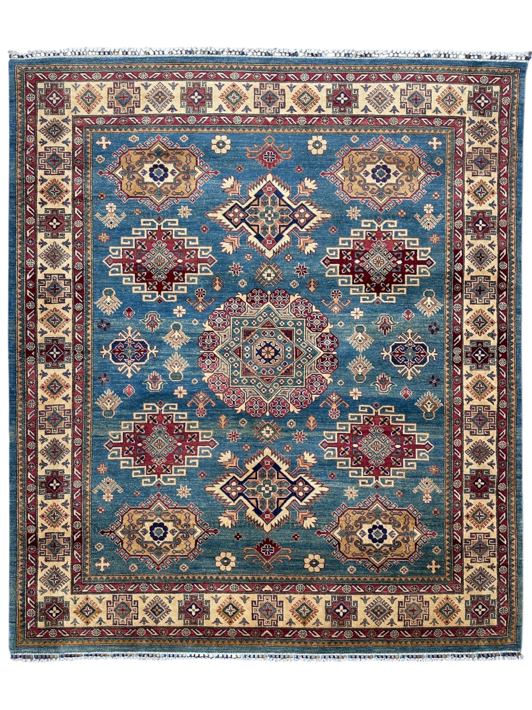 Hand-Knotted Afghani Kazak Wool Rug | Geometric Design | 8′ x 10′
