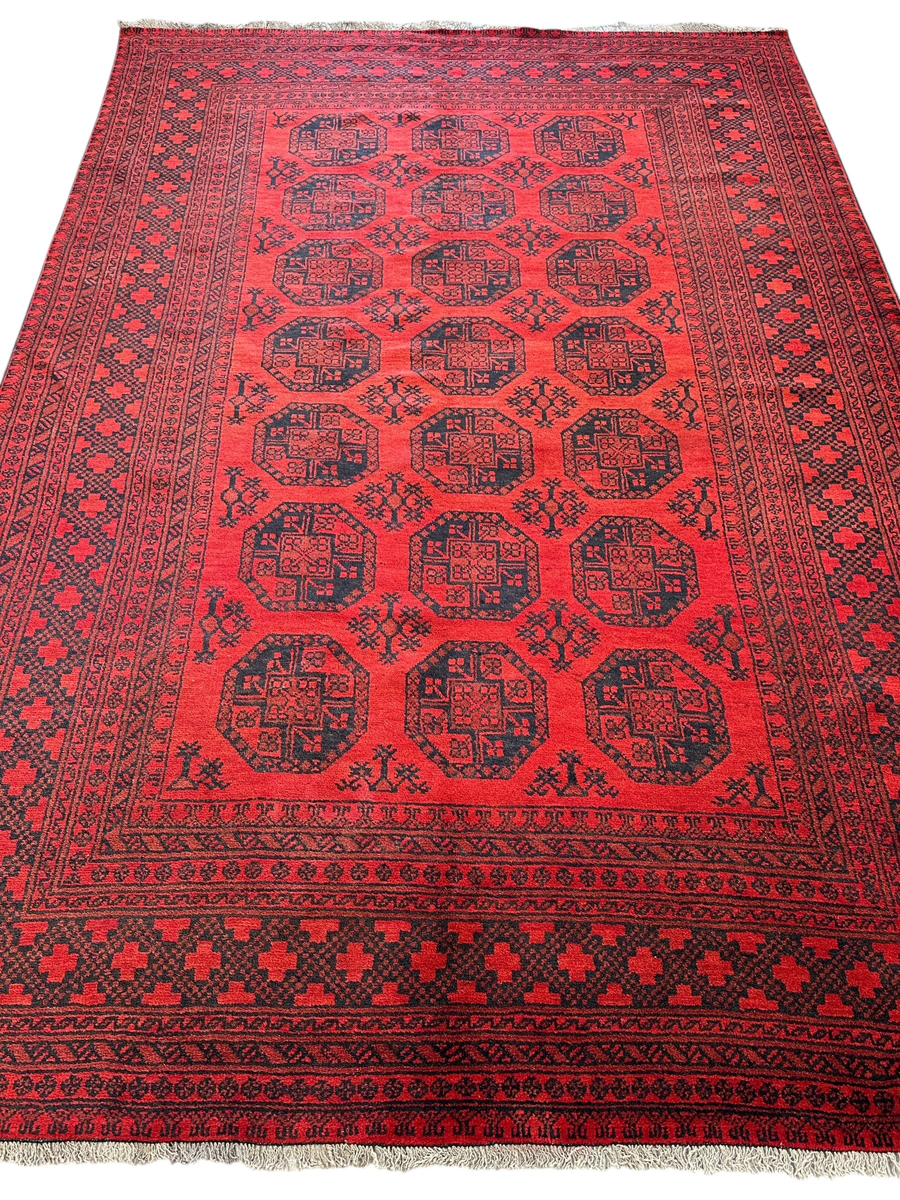 Hand-Knotted Afghani Fil pai Wool Rug Red,Dark Blue 6'5" x 9'1"