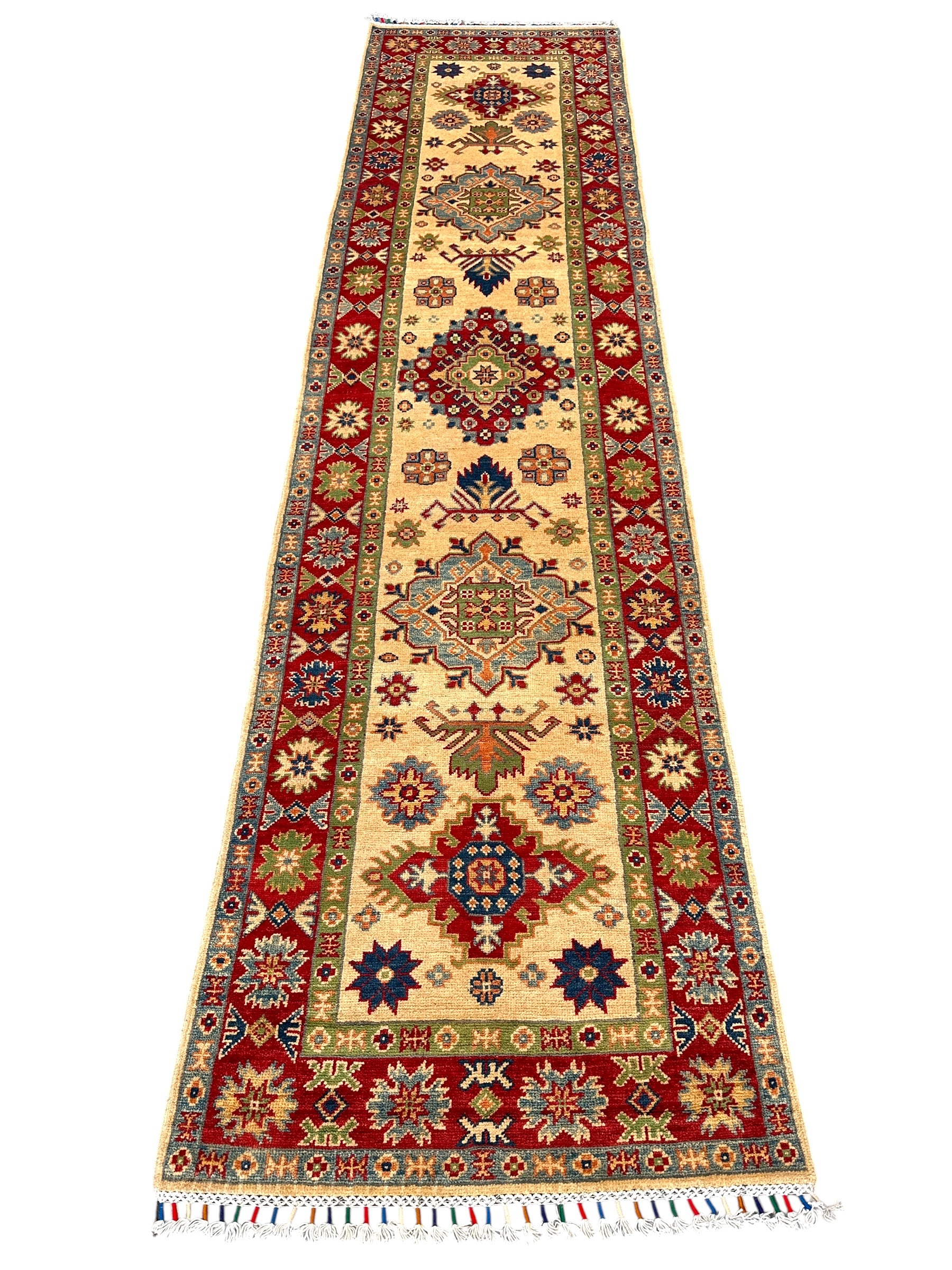 Hand-Knotted Afghan Kazak Wool Runner | Cream & Red Tribal | 2′7″ x 10′1″
