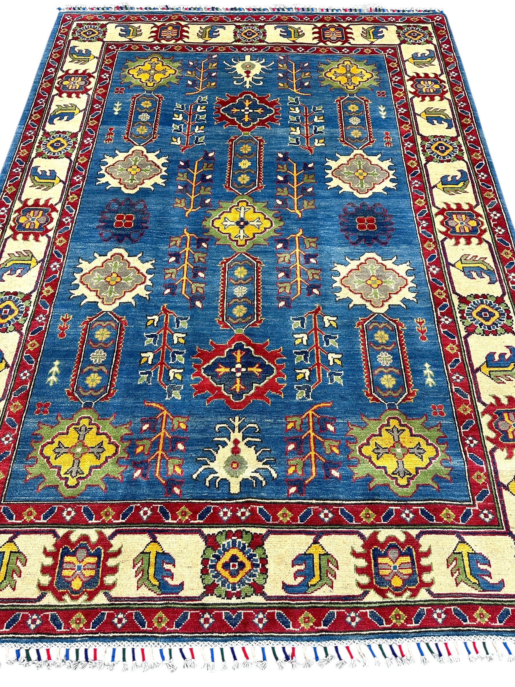 Hand-Knotted Afghani Kazak Wool Rug | Geometric Design | 5′6″ x 7′7″