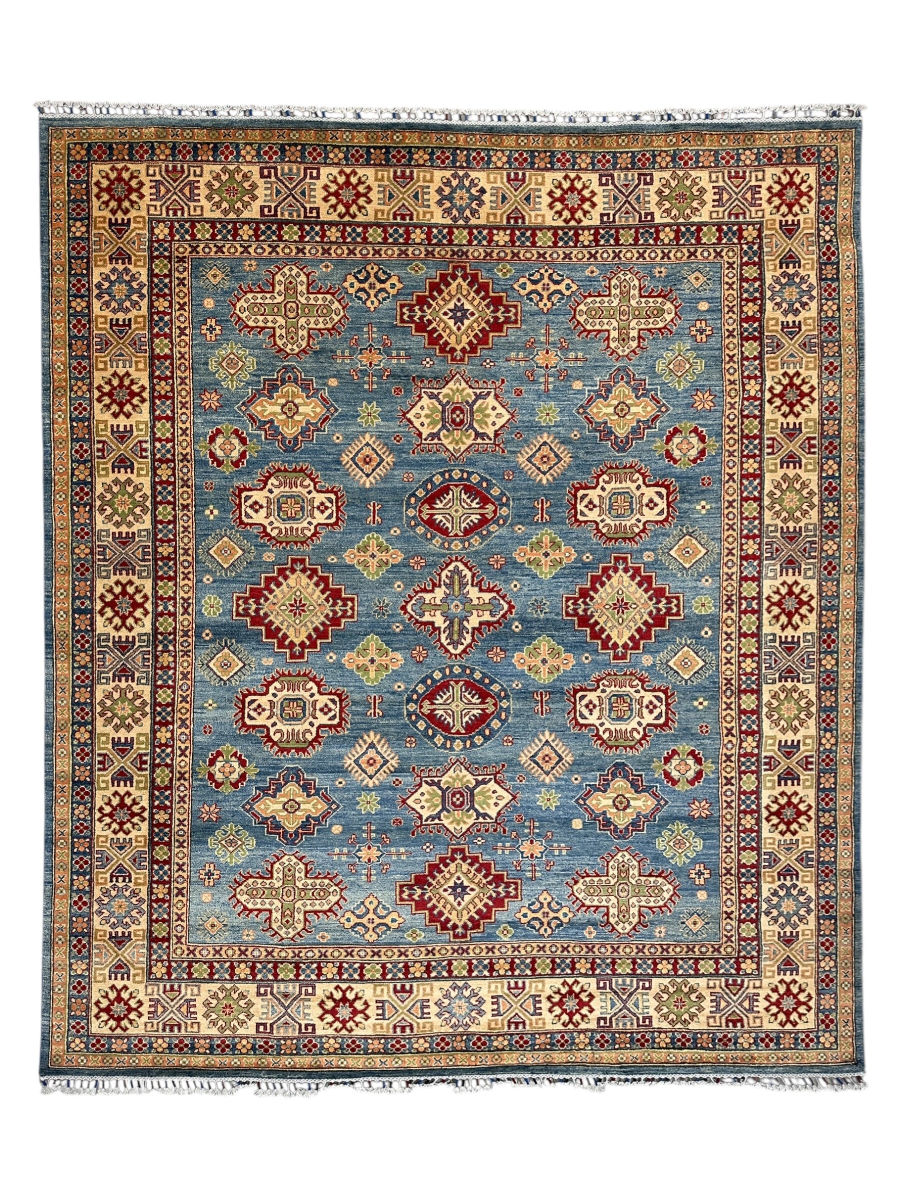 Hand-Knotted Afghani Kazak Wool Rug | Geometric Medallion | 8′4″ x 10′6″