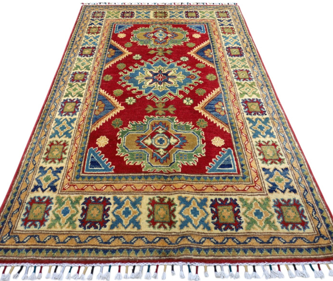Hand-Knotted Afghani Kazak Wool Rug – 3’3″ x 4’10″