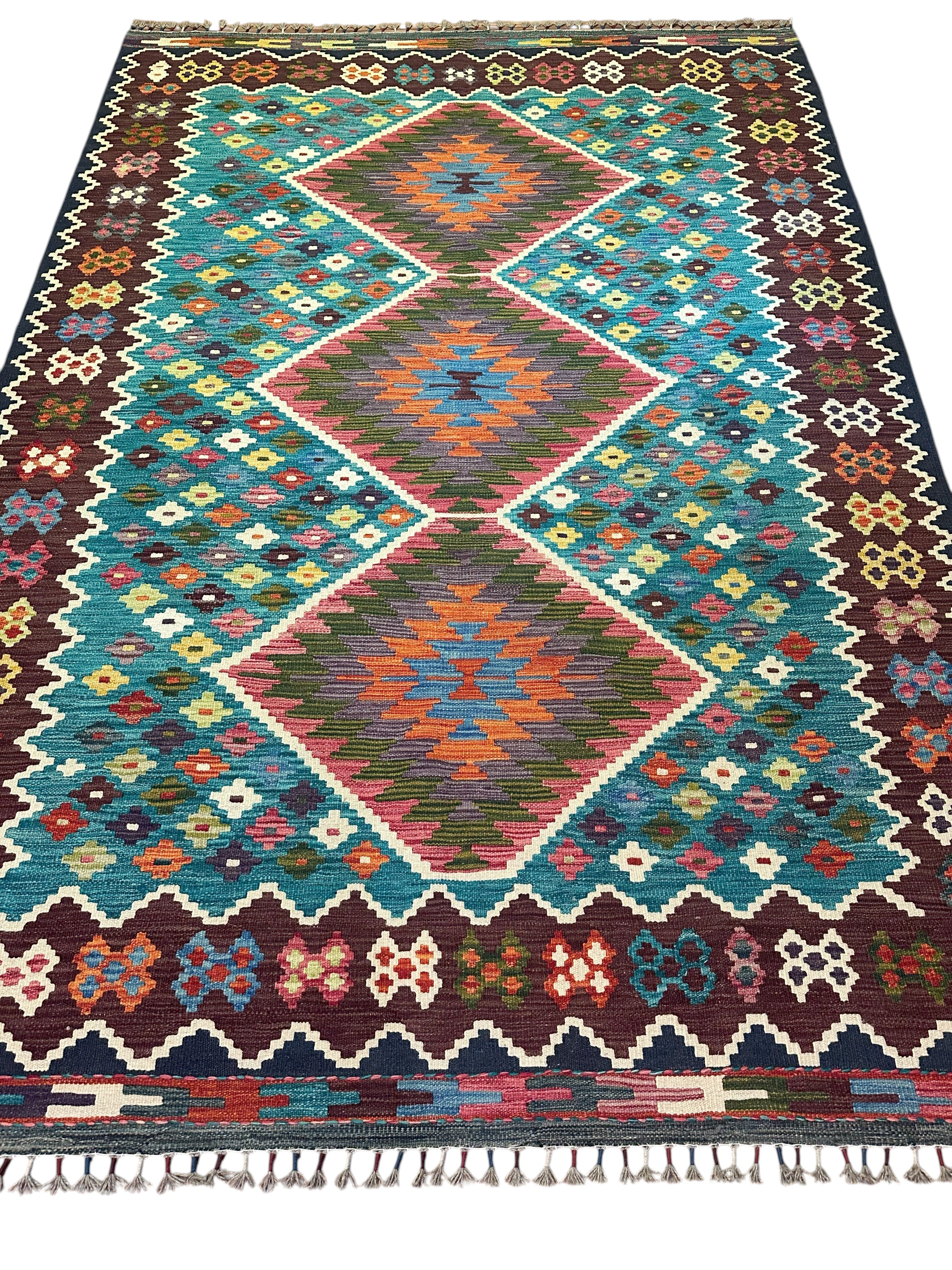 Hand-Woven Afghani Kilim Wool Rug 5'10" x 8'4"