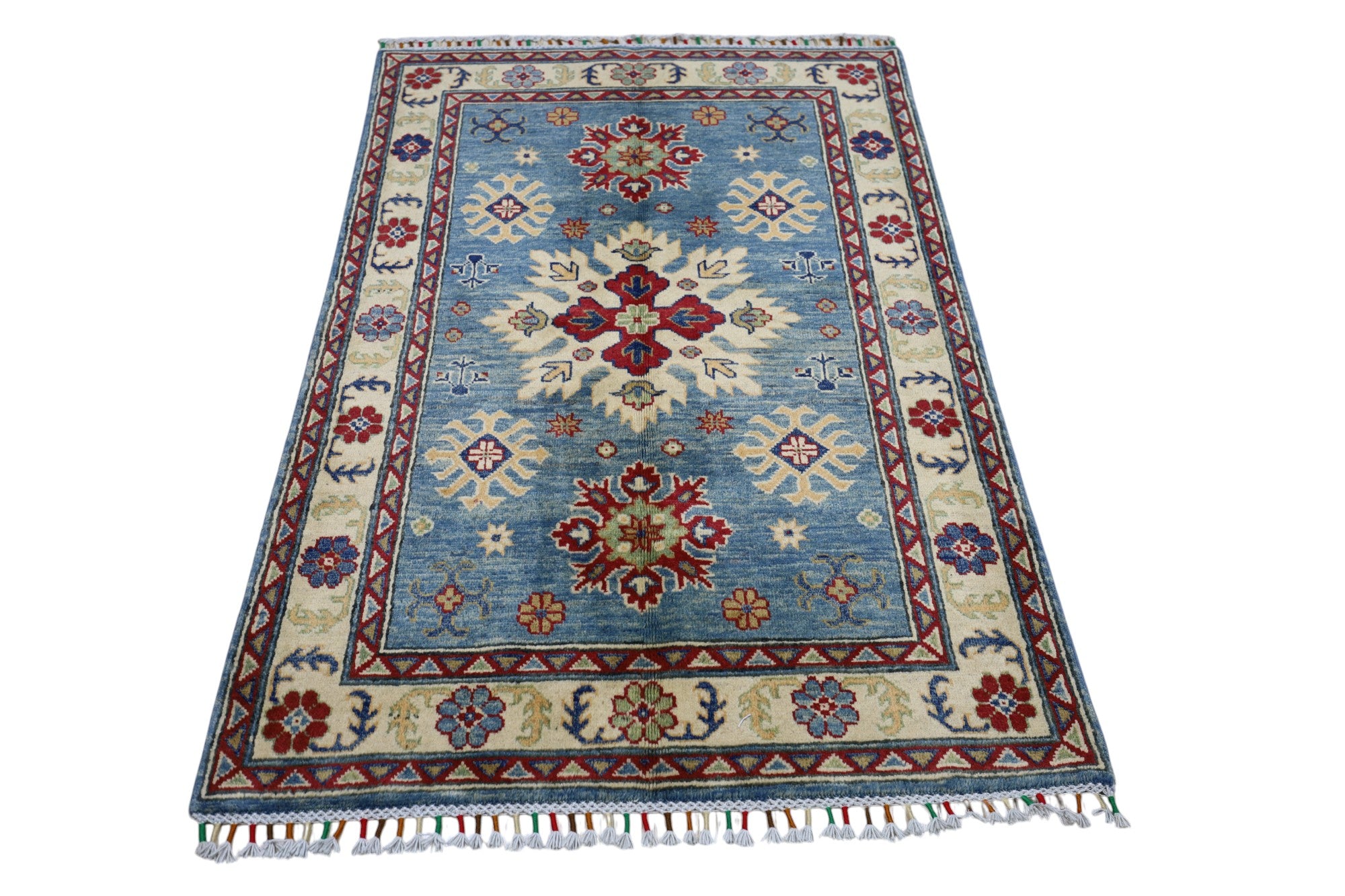 Hand-Knotted Afghani Kazak Wool Rug – 4’3″ x 5’10″