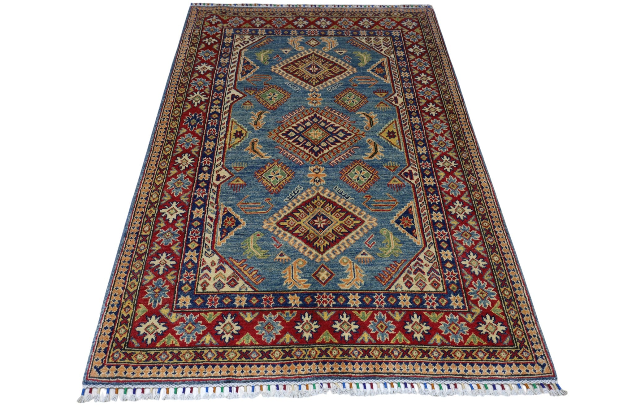 Hand-Knotted Afghani Kazak Wool Rug – 4’0″ x 6’1″