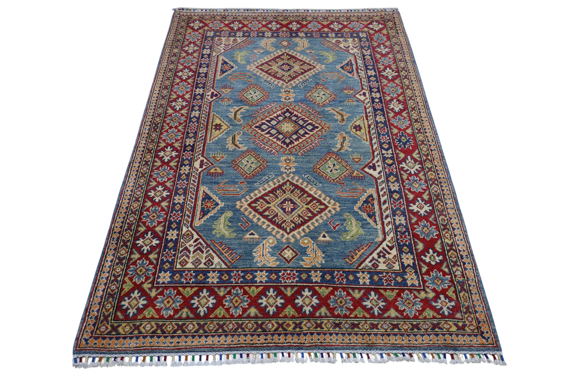Hand-Knotted Afghani Kazak Wool Rug – 4’0″ x 6’1″