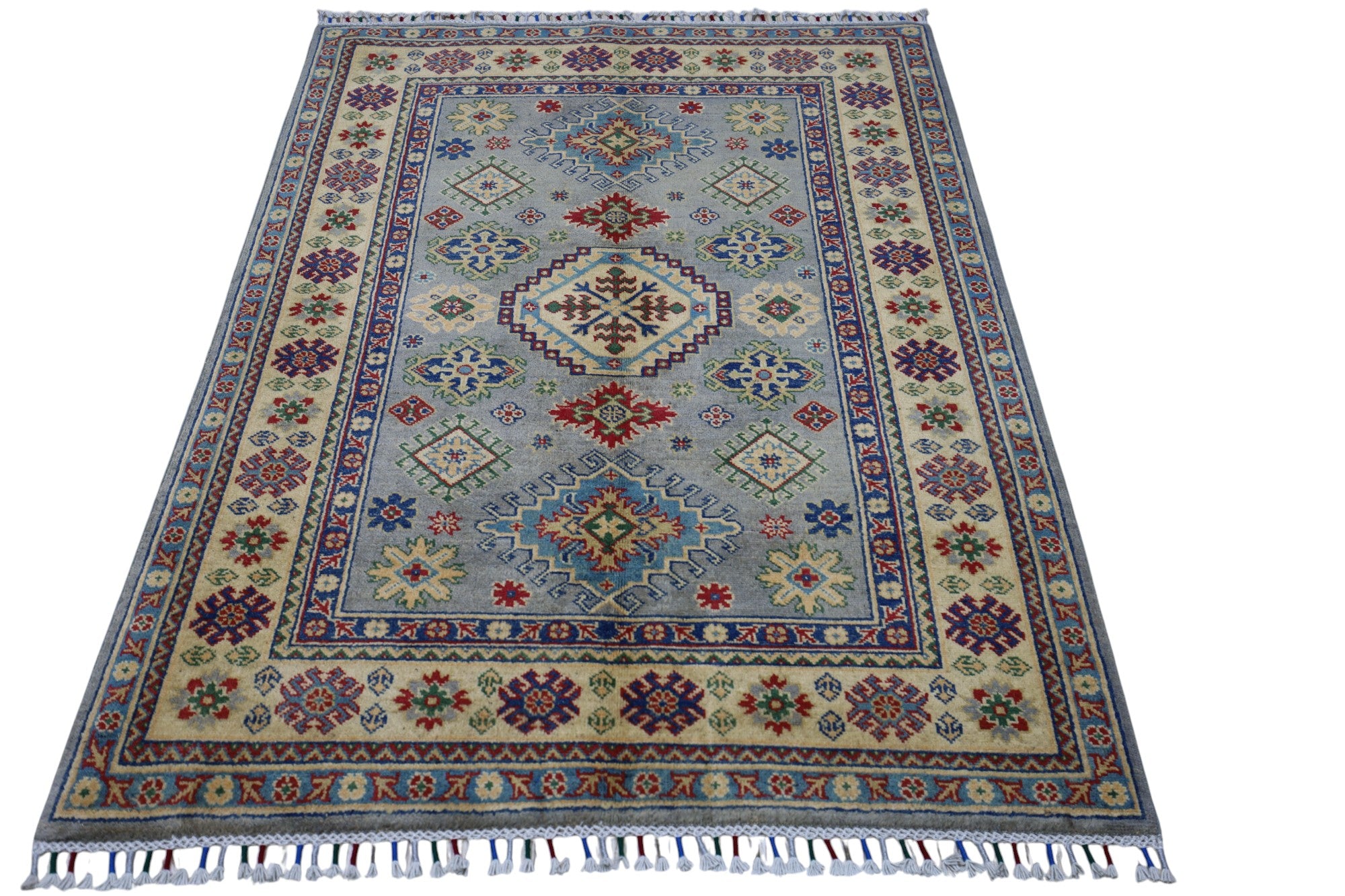 Hand-Knotted Afghani Kazak Wool Rug – 3’11″ x 5’6″