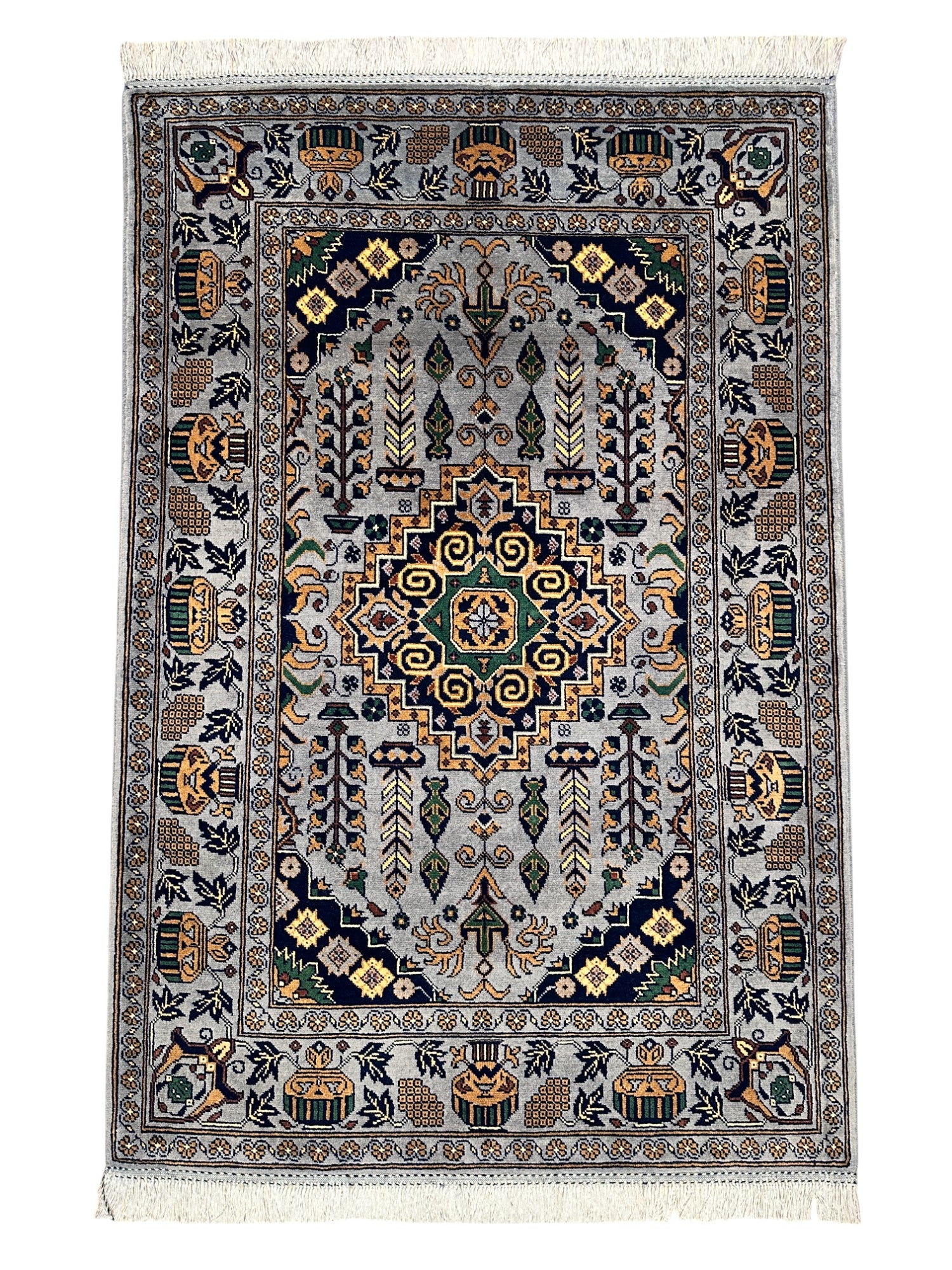 Hand-Knotted Afghani Zerkhaki Wool Rug – 3’4″ x 4’11″