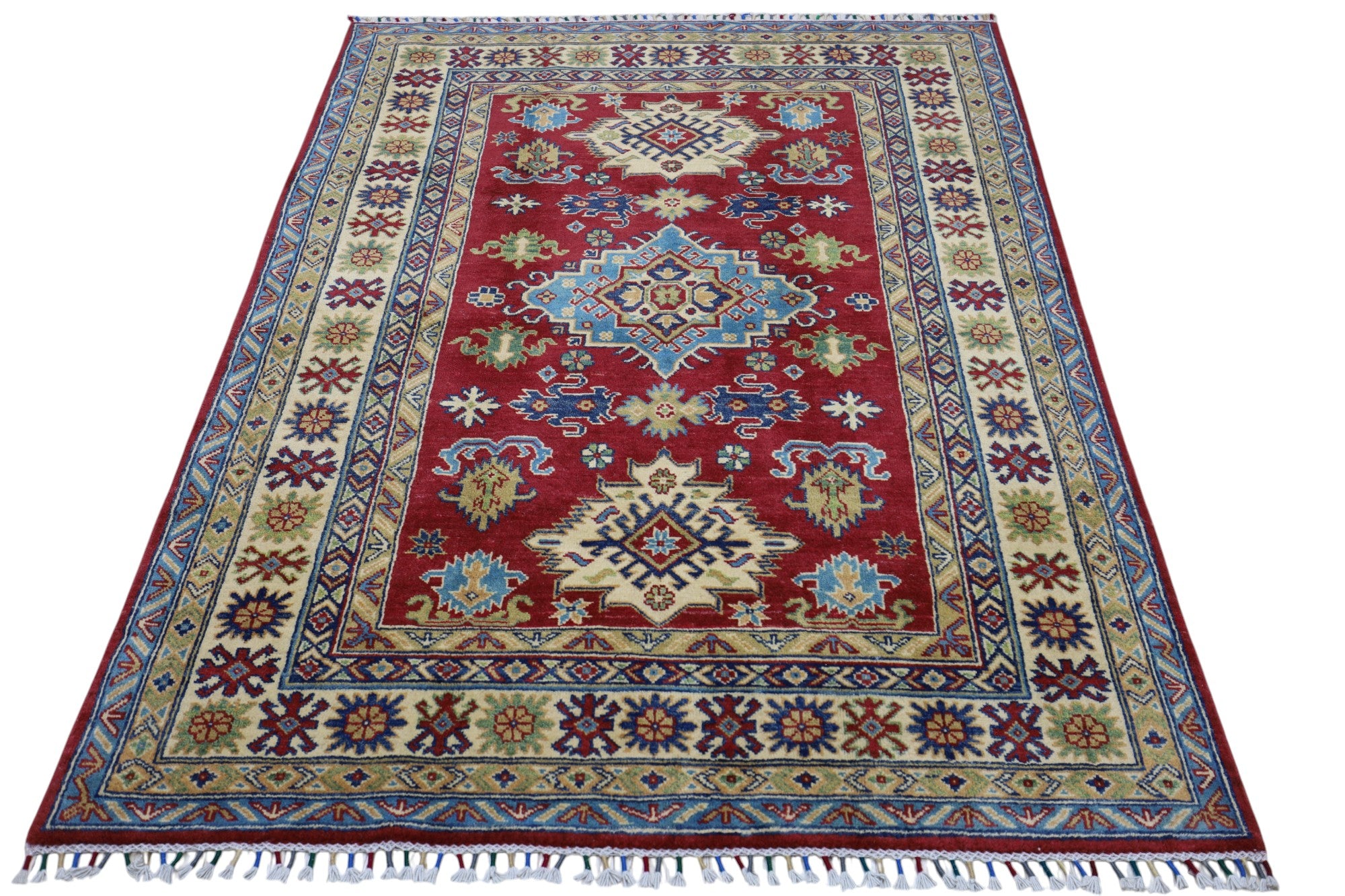 Hand-Knotted Afghani Kazak Wool Rug – 4’9″ x 6’8″