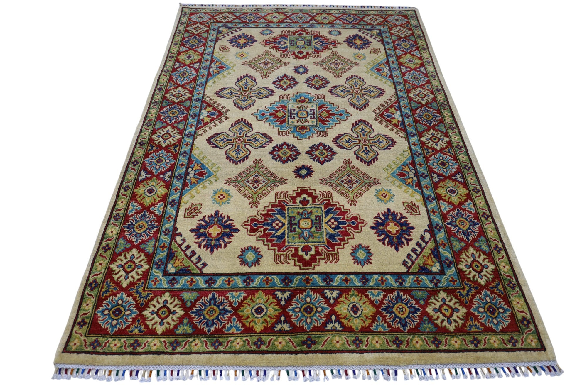 Hand-Knotted Afghani Kazak Wool Rug – 4’10″ x 6’11″