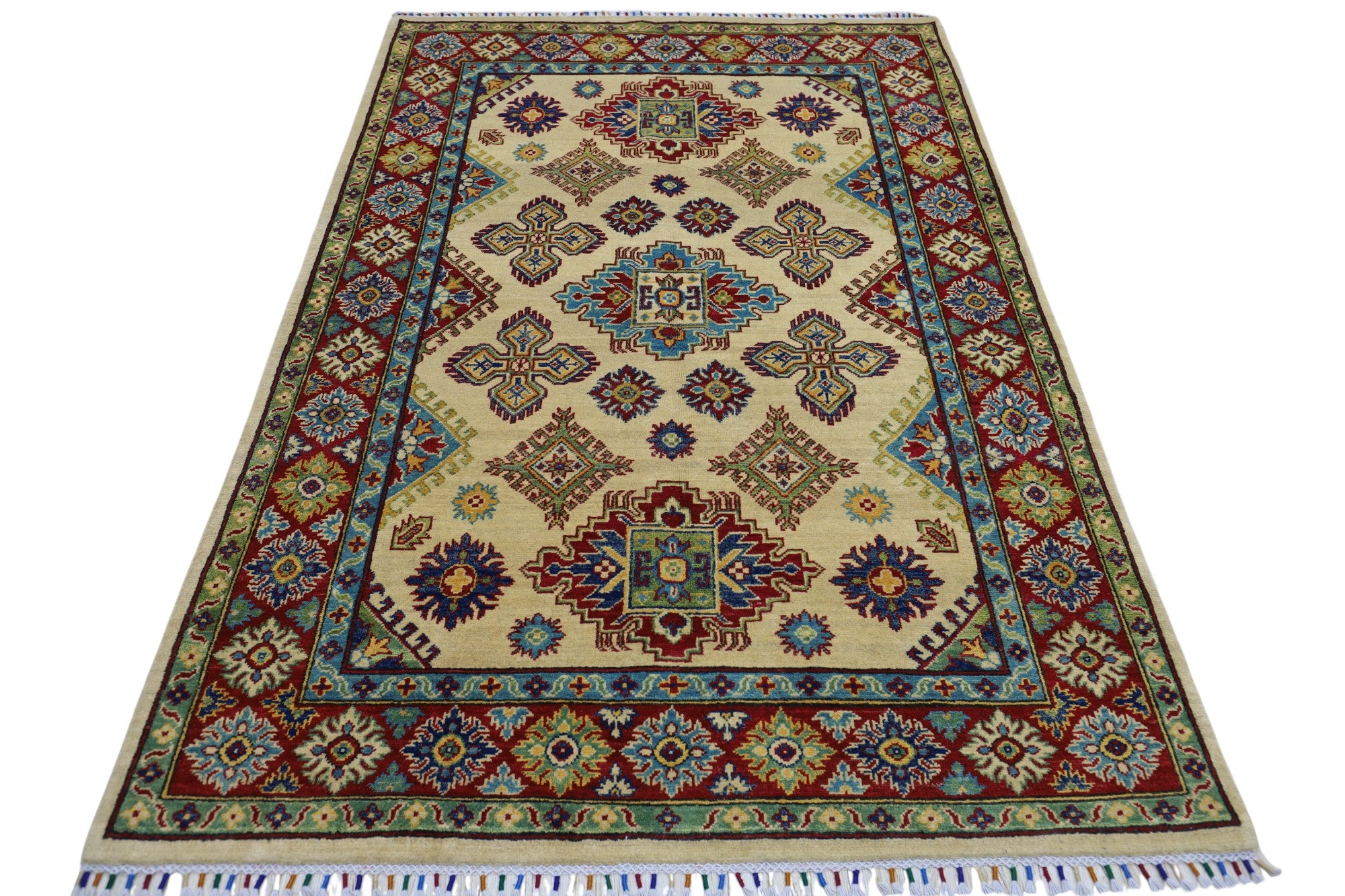 Hand-Knotted Afghani Kazak Wool Rug – 4’10″ x 6’11″