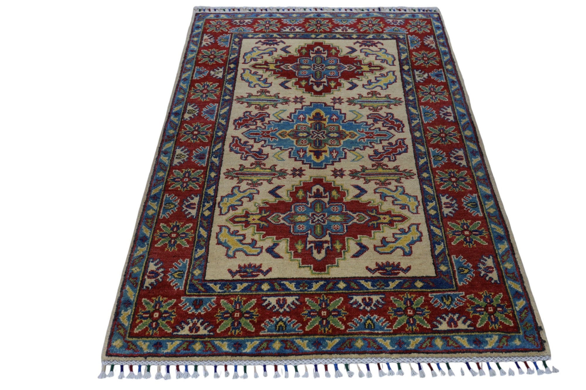 Hand-Knotted Afghani Kazak Wool Rug – 3’4″ x 4’9″