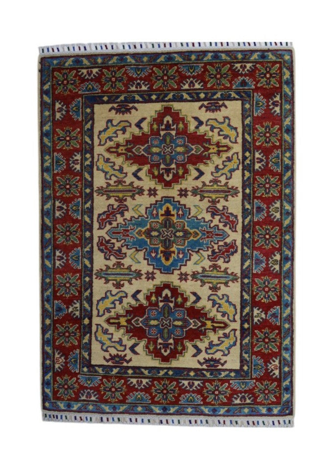 Hand-Knotted Afghani Kazak Wool Rug – 3’4″ x 4’9″