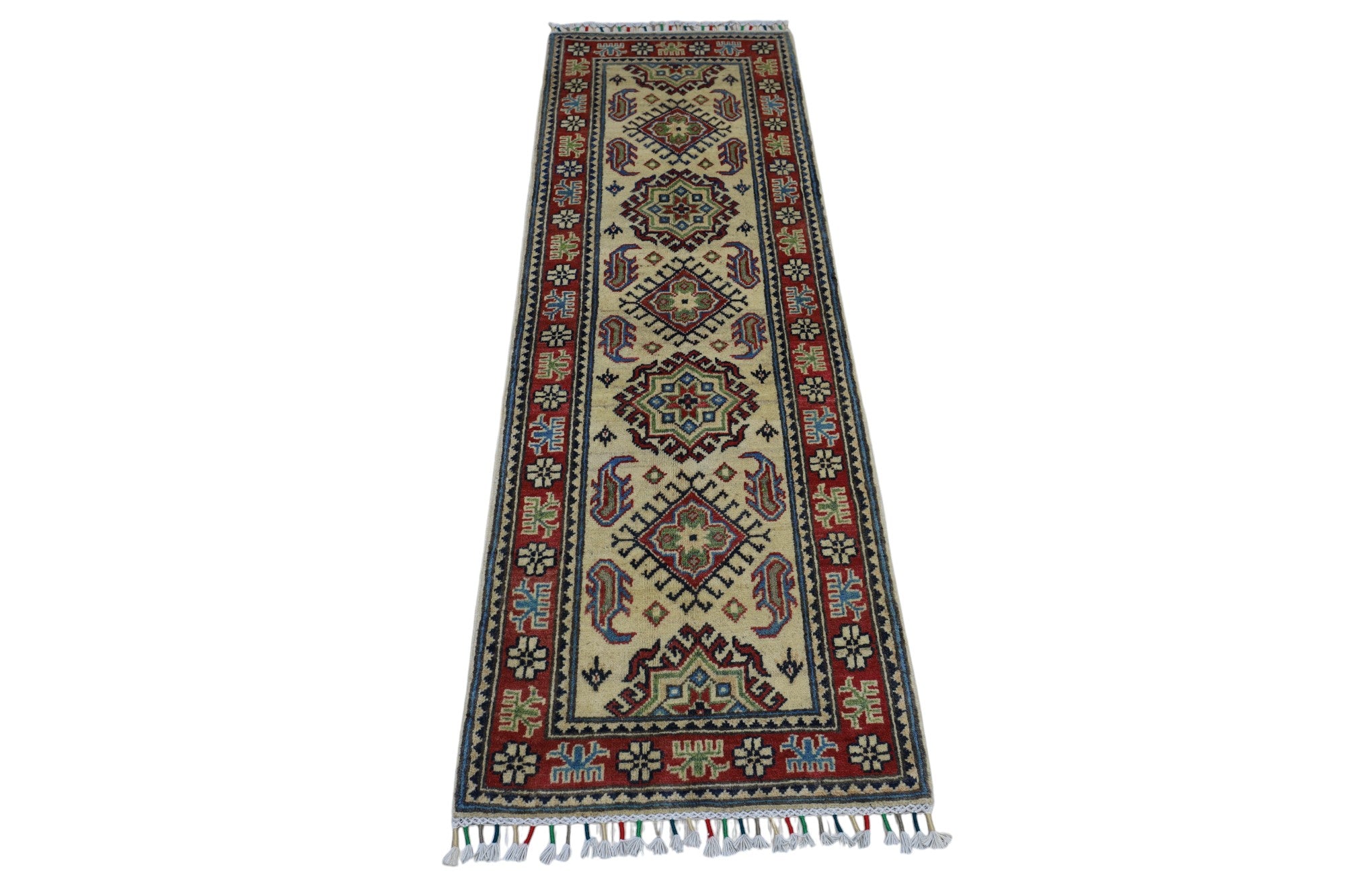 Hand-Knotted Afghani Kazak Wool Rug – 2’0″ x 6’2″