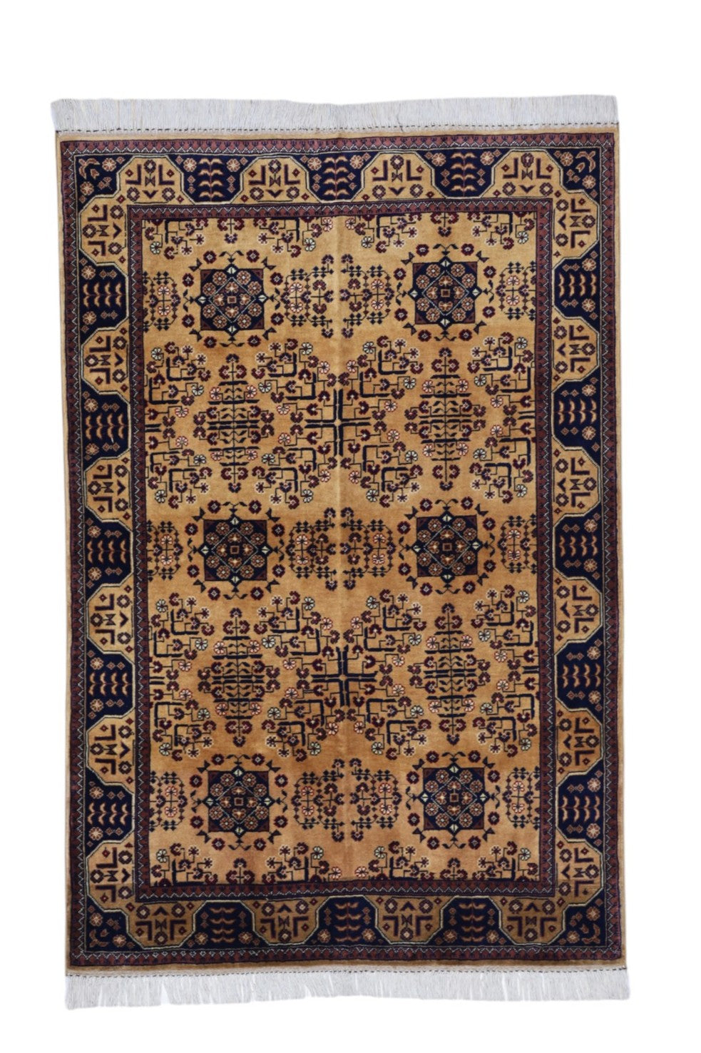 Hand-Knotted Afghani Bukharai Wool Rug – 4’0″ x 5’11″