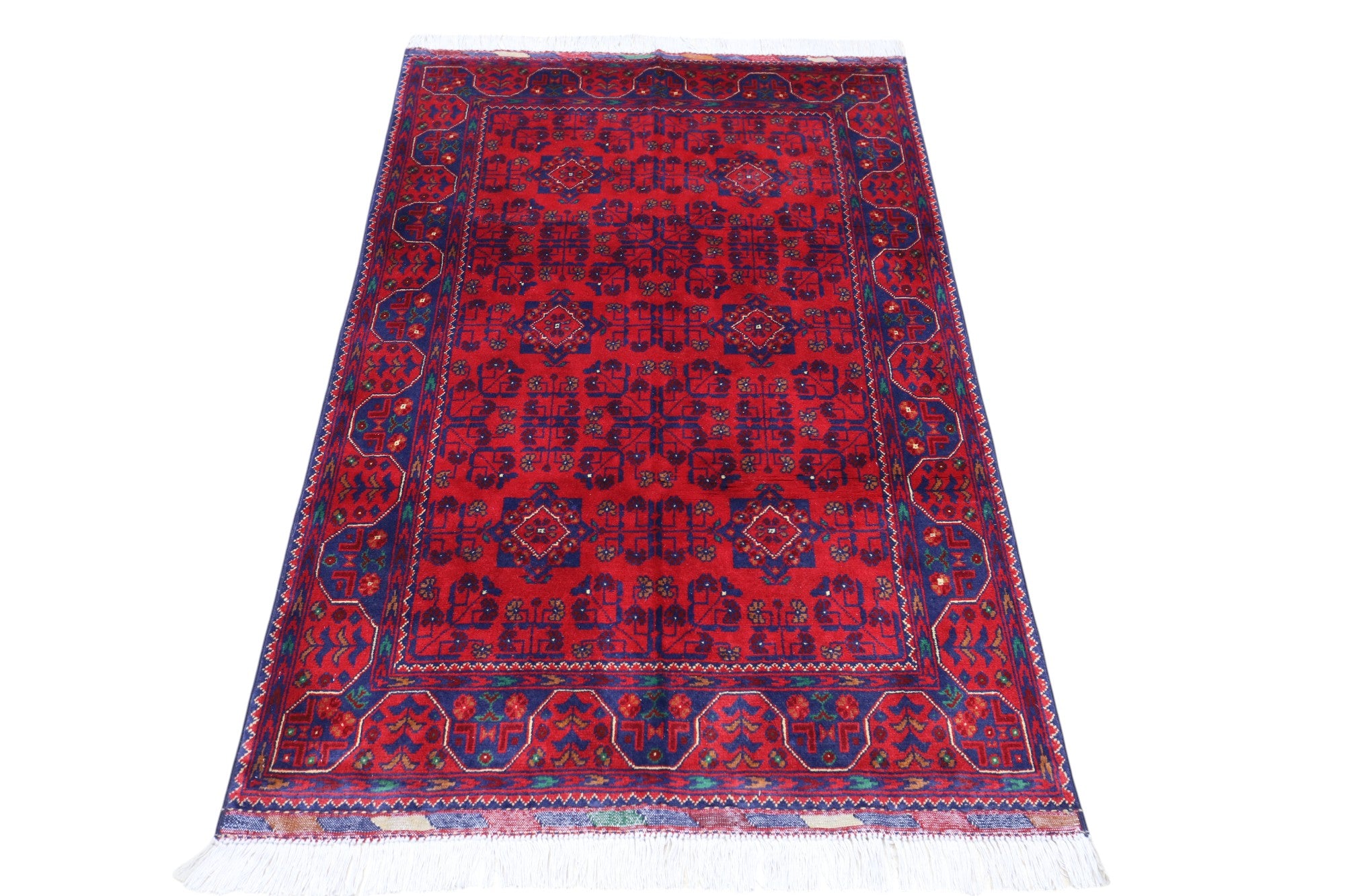 Hand-Knotted Afghani Bukharay Wool Rug – 3’3″ x 4’10″