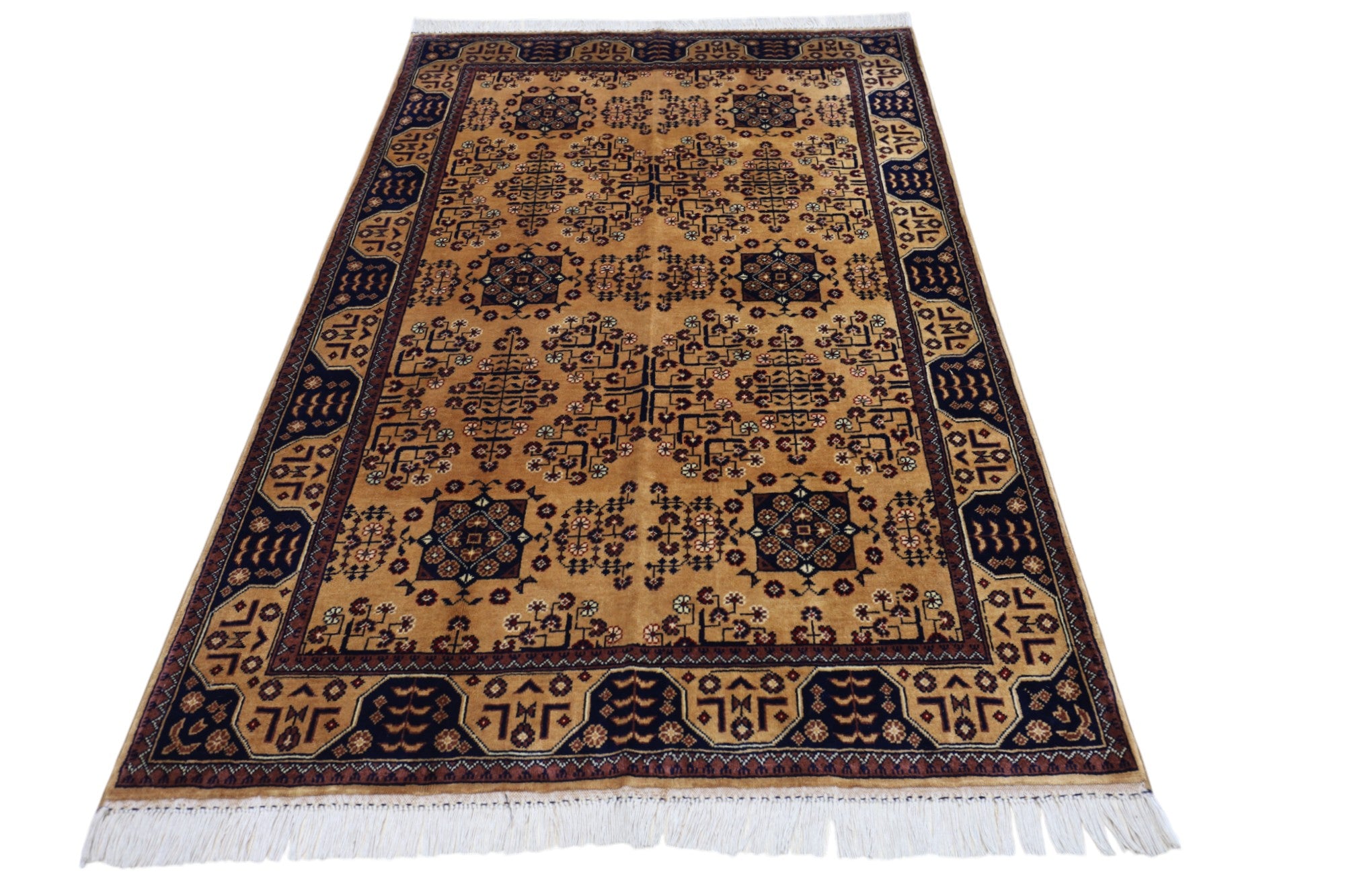 Hand-Knotted Afghani Bukharai Wool Rug – 4’0″ x 5’11″