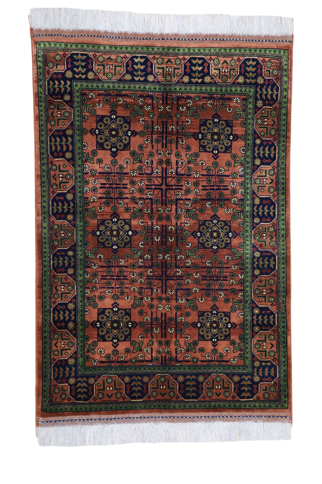 Hand-Knotted Afghani Bukharai Wool Rug – 3’5″ x 4’10″
