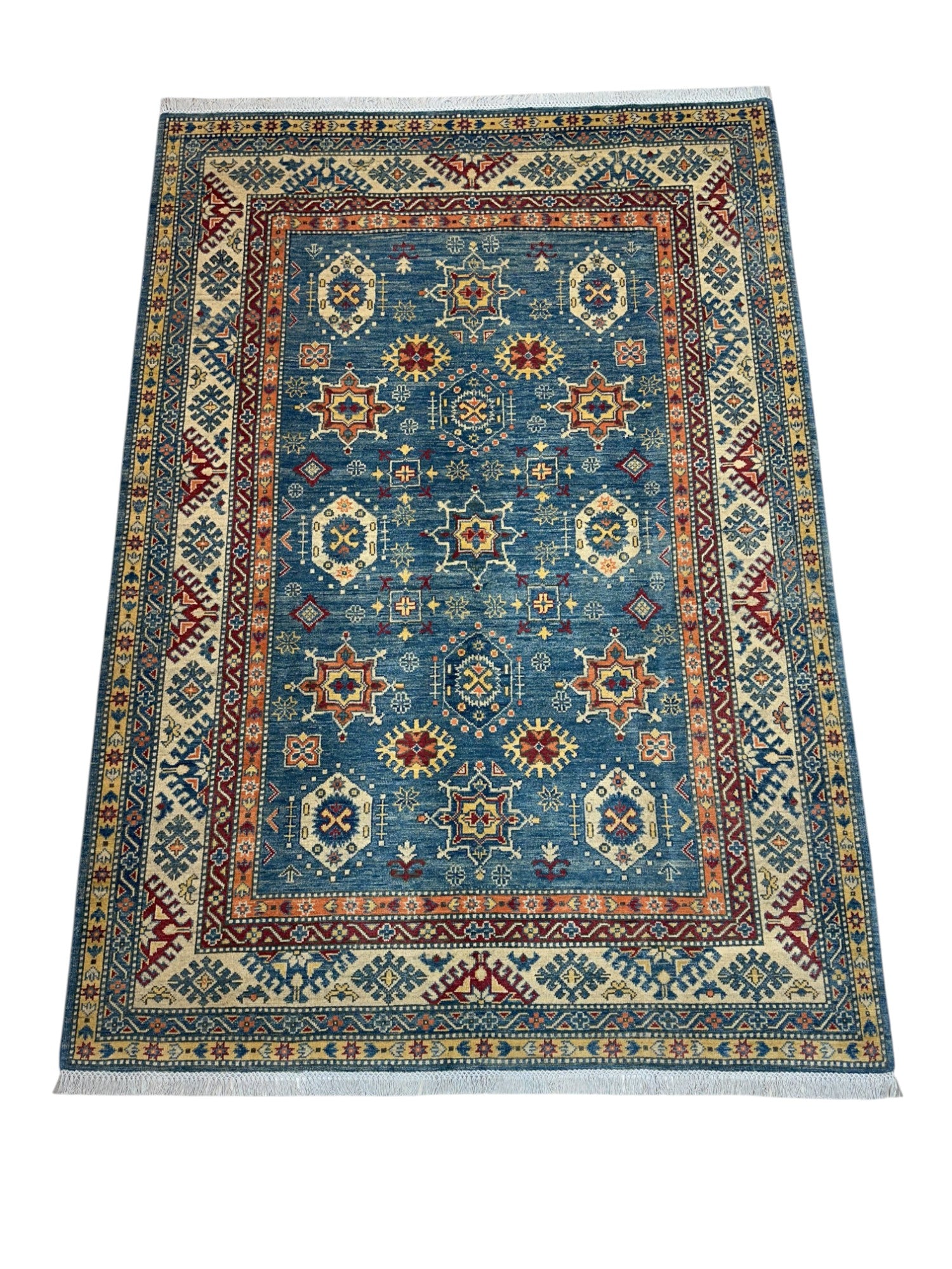 Hand-Knotted Afghani Kazak Wool Rug – 5’7″ x 7’10″