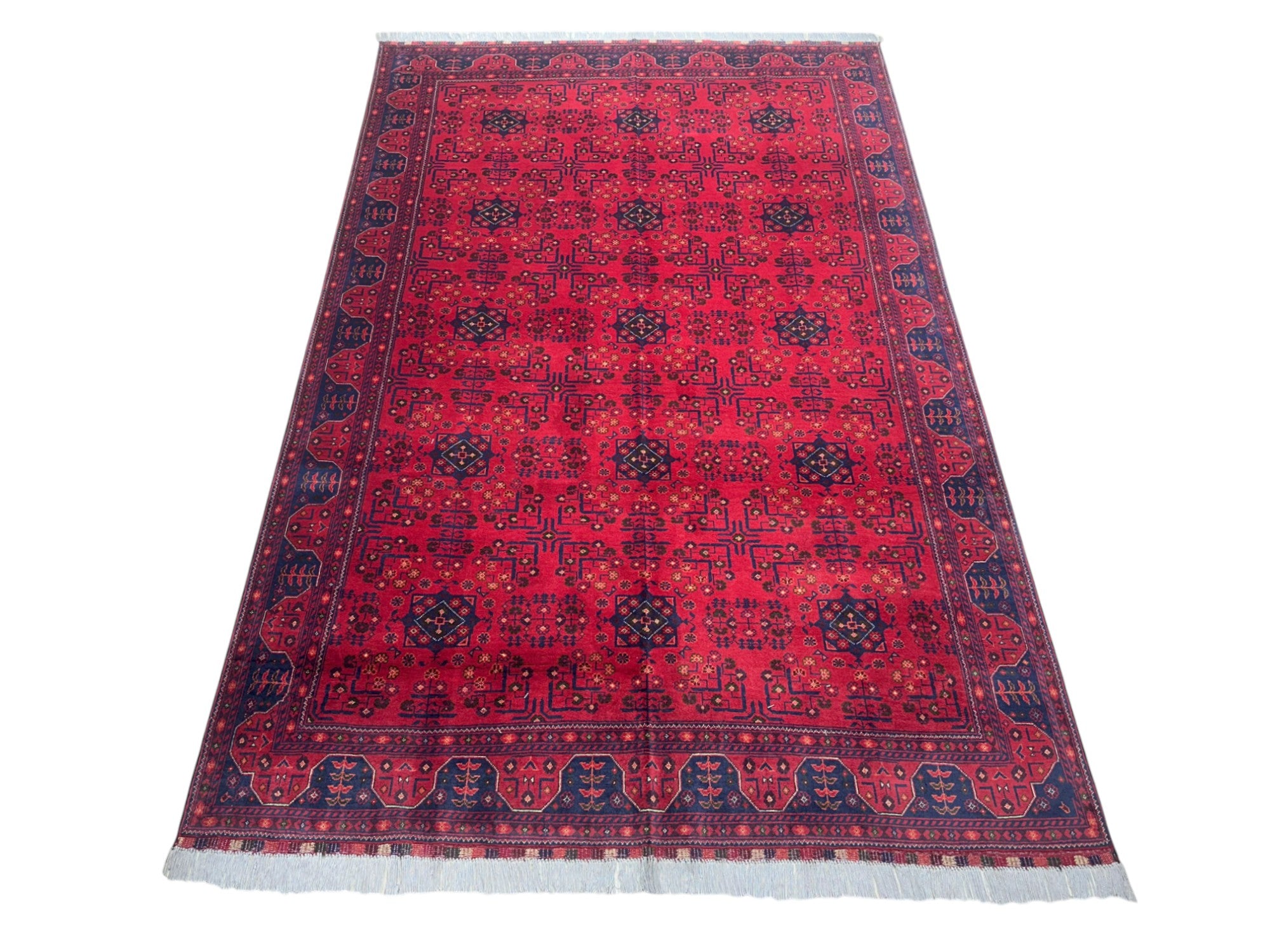 Hand-Knotted Afghani Bukharai Wool Rug – 6’6″ x 9’7″